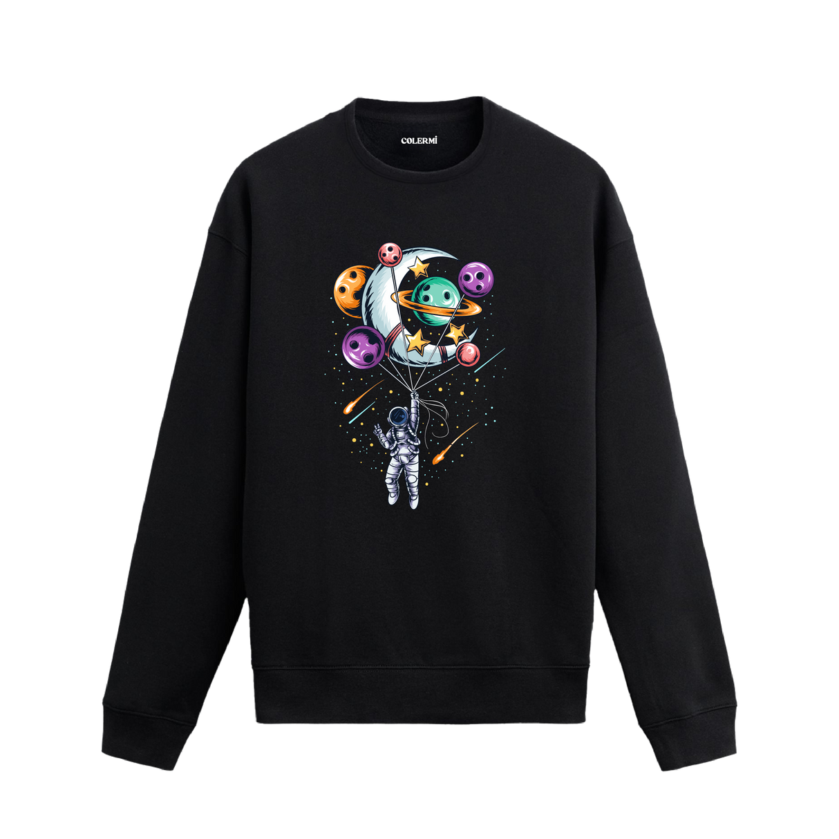 Gezegenlerden oluşan balonlarla uzayda yükselen astronot tasarımlı sweatshirt.