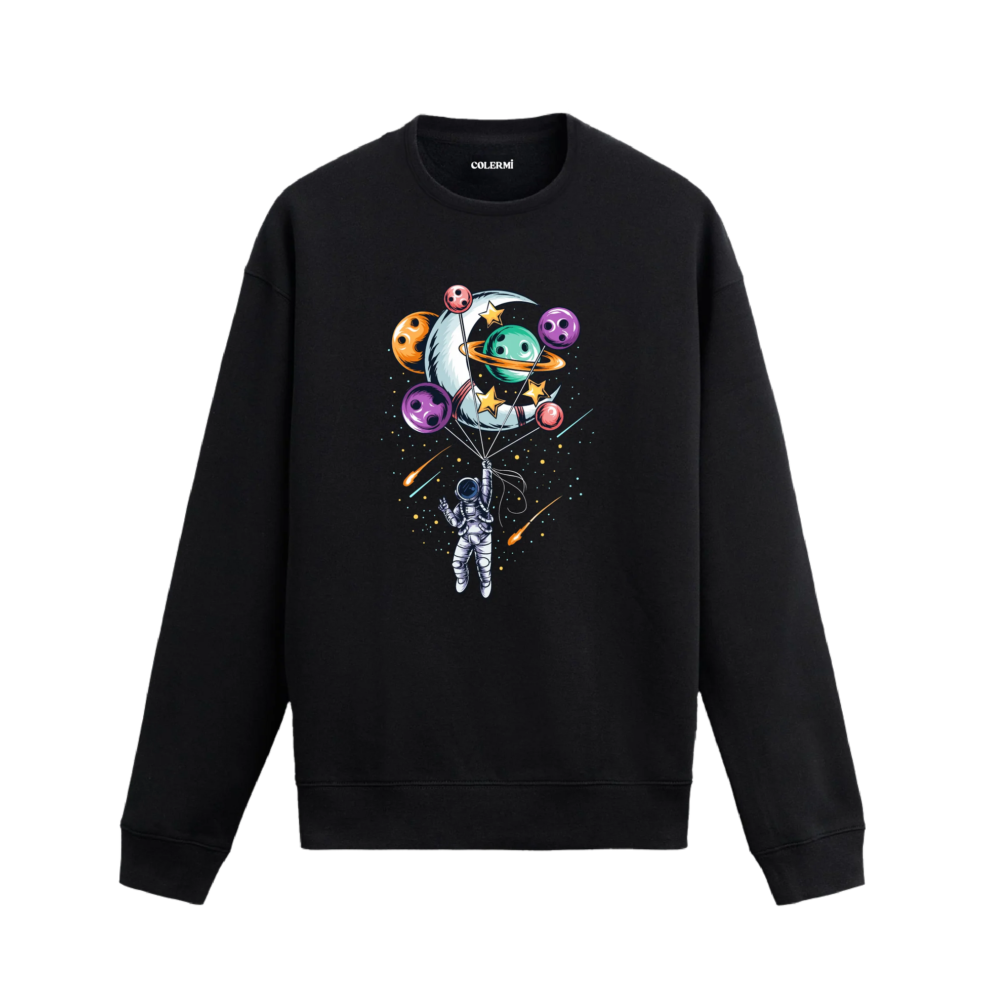 Gezegenlerden oluşan balonlarla uzayda yükselen astronot tasarımlı sweatshirt.