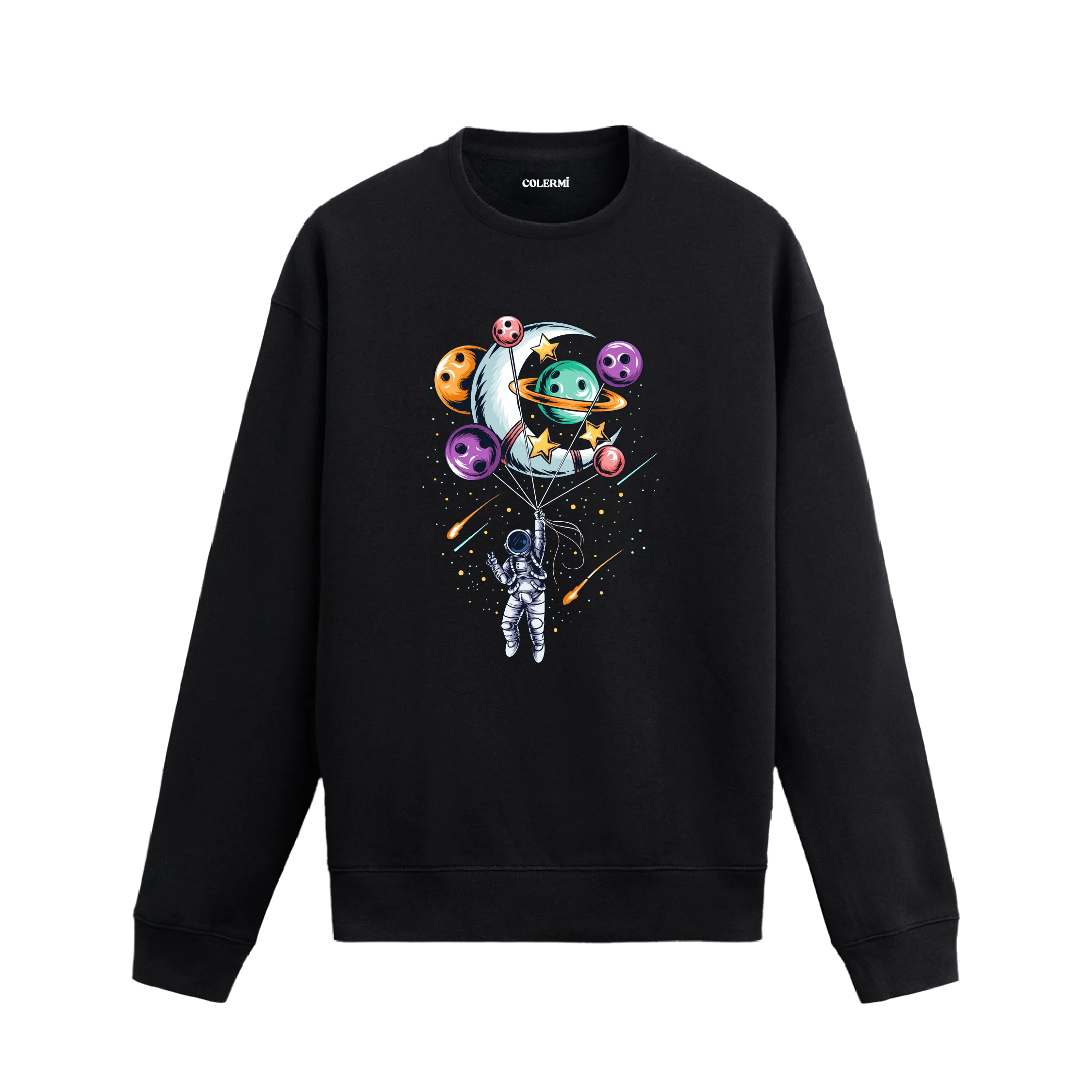 Gezegenlerden oluşan balonlarla uzayda yükselen astronot tasarımlı sweatshirt.