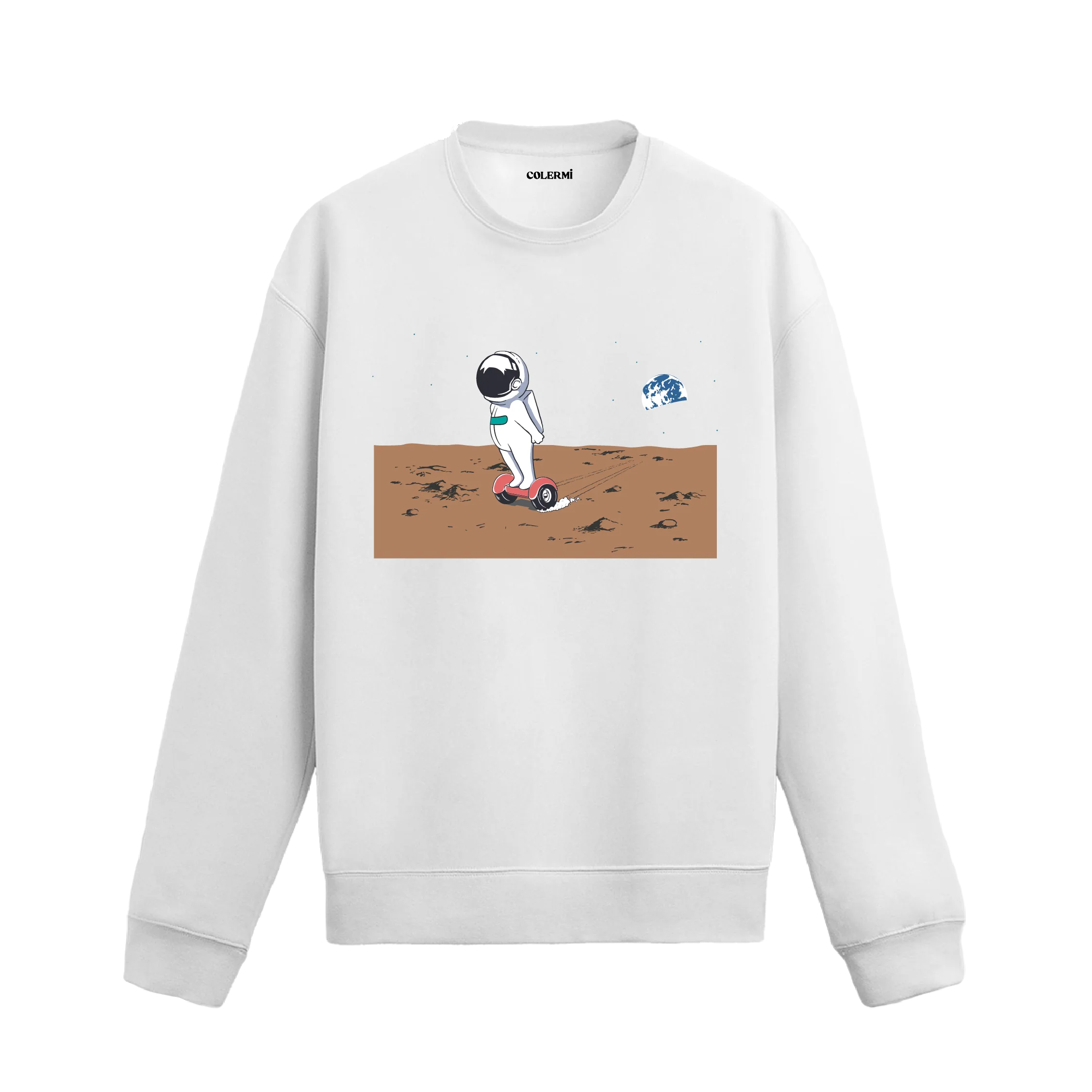 Hoverboard ile Ay yüzeyinde ilerleyen astronot tasarımlı sweatshirt