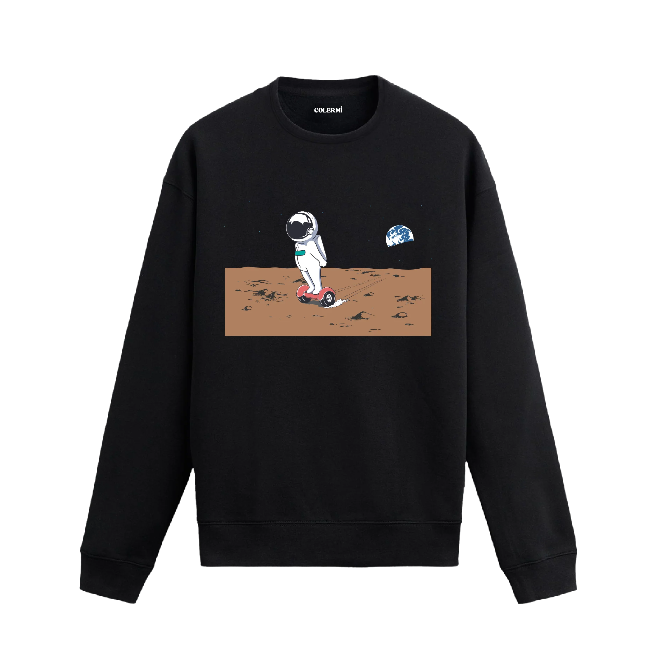 Hoverboard ile Ay yüzeyinde ilerleyen astronot tasarımlı sweatshirt