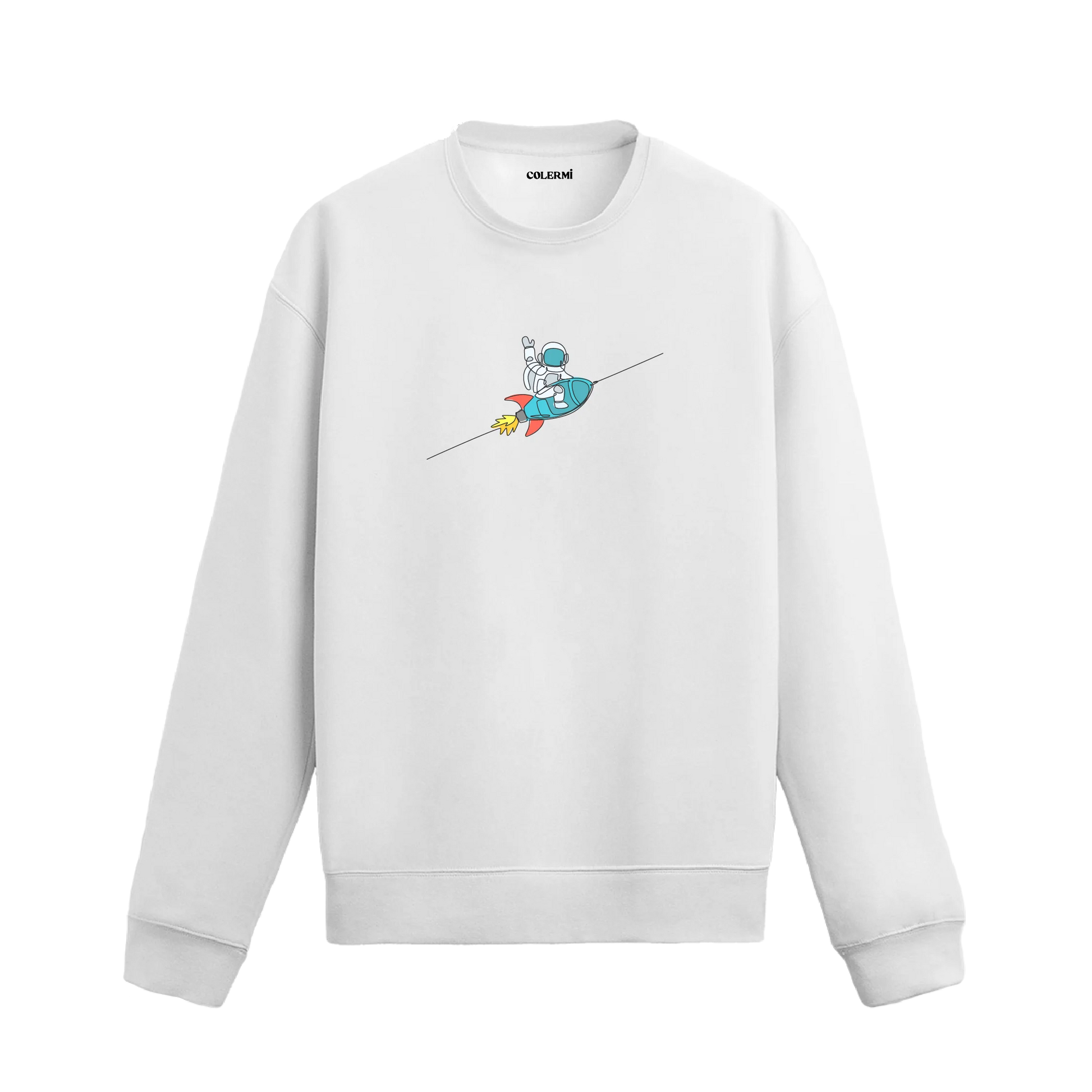 Roket üstünde oturan astronot figürlü Colermi sweatshirt tasarımı