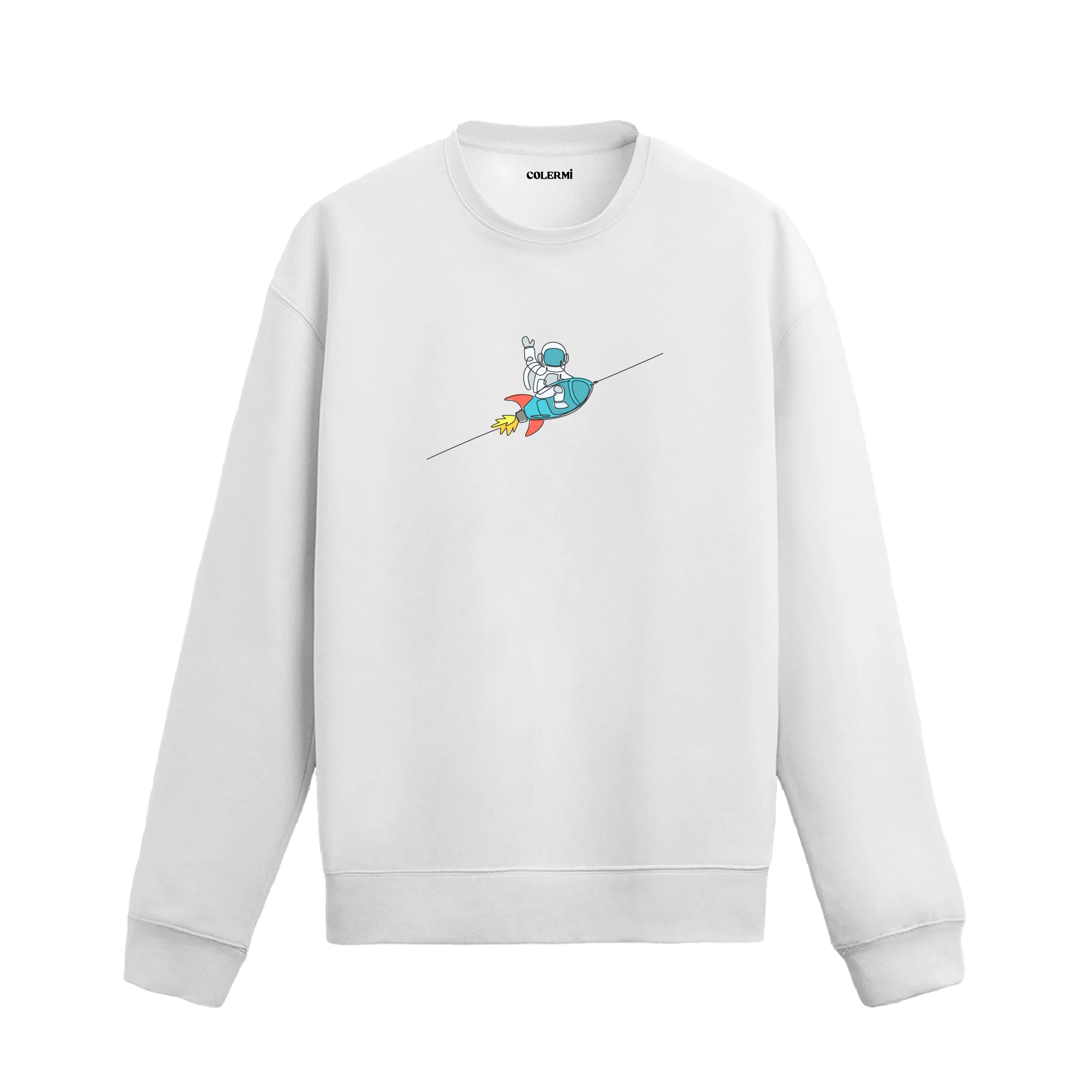 Roket üstünde oturan astronot figürlü Colermi sweatshirt tasarımı