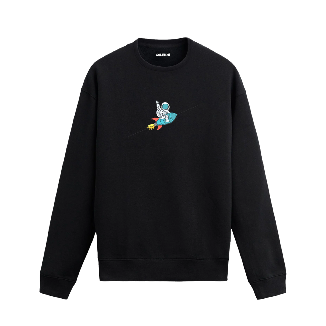 Roket üstünde oturan astronot figürlü Colermi sweatshirt tasarımı