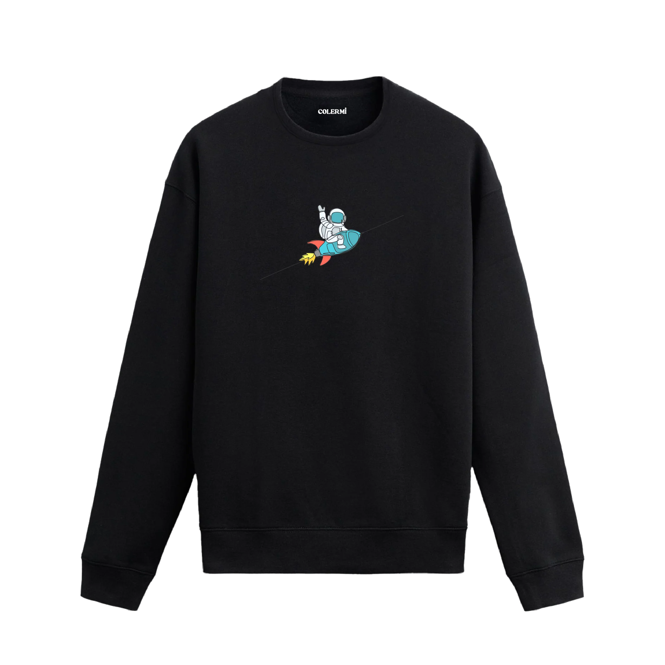 Roket üstünde oturan astronot figürlü Colermi sweatshirt tasarımı