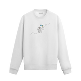 Oyuncak roketle uzay boşluğunda süzülen astronot tasarımlı beyaz sweatshirt..