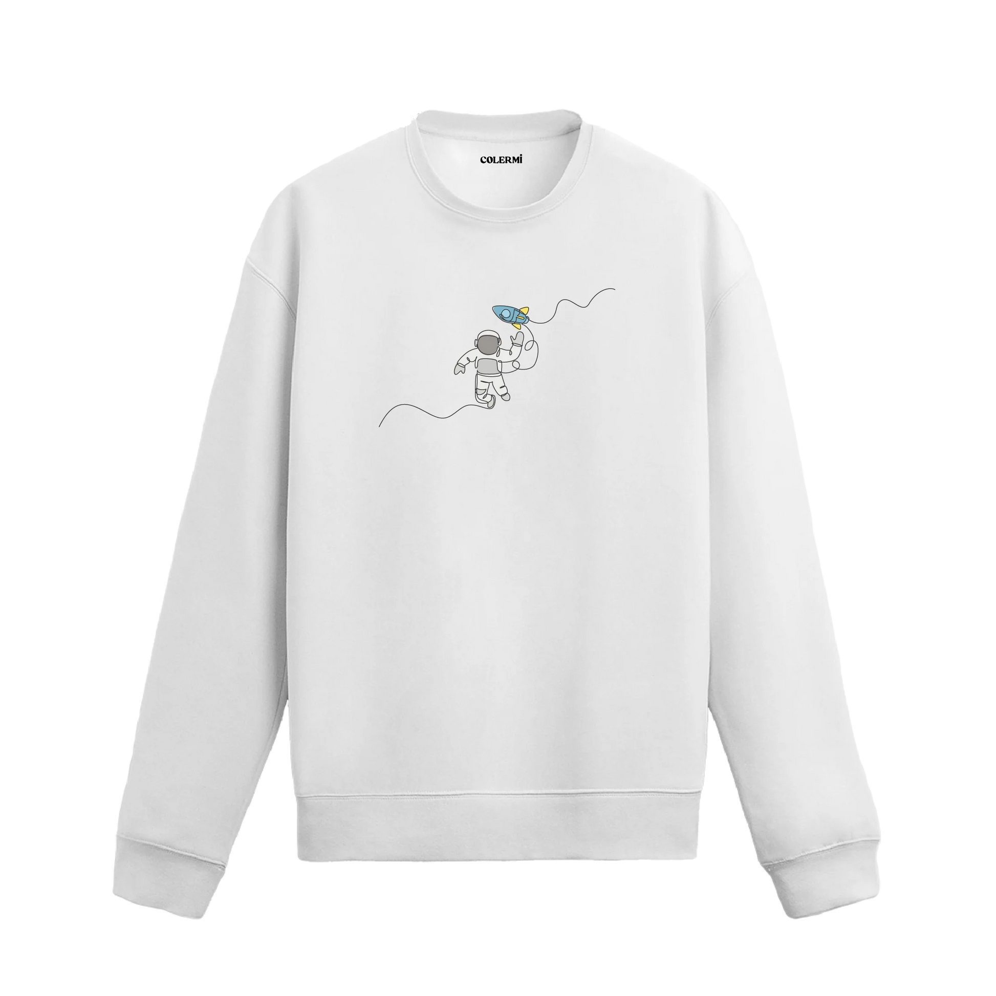 Oyuncak roketle uzay boşluğunda süzülen astronot tasarımlı beyaz sweatshirt..