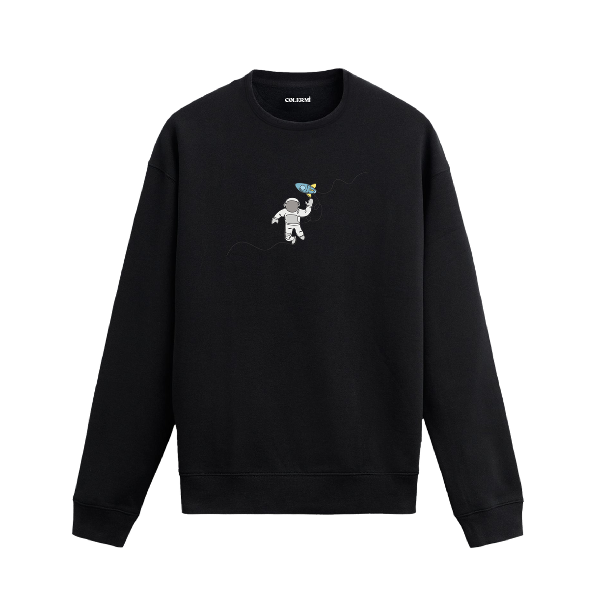 Oyuncak roketle uzay boşluğunda süzülen astronot tasarımlı siyah sweatshirt.