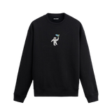 Oyuncak roketle uzay boşluğunda süzülen astronot tasarımlı siyah sweatshirt.