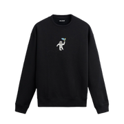 Oyuncak roketle uzay boşluğunda süzülen astronot tasarımlı siyah sweatshirt.
