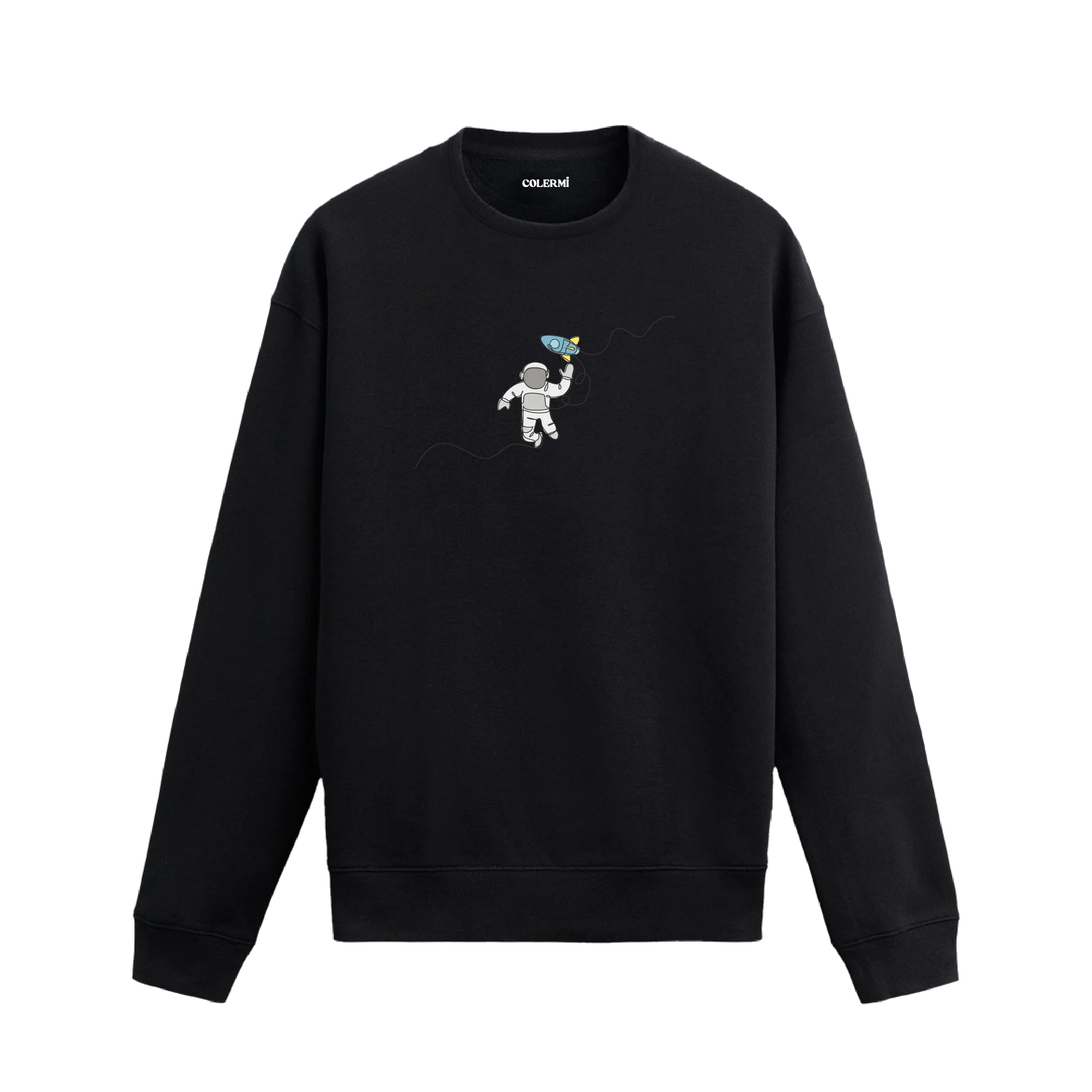 Oyuncak roketle uzay boşluğunda süzülen astronot tasarımlı siyah sweatshirt.
