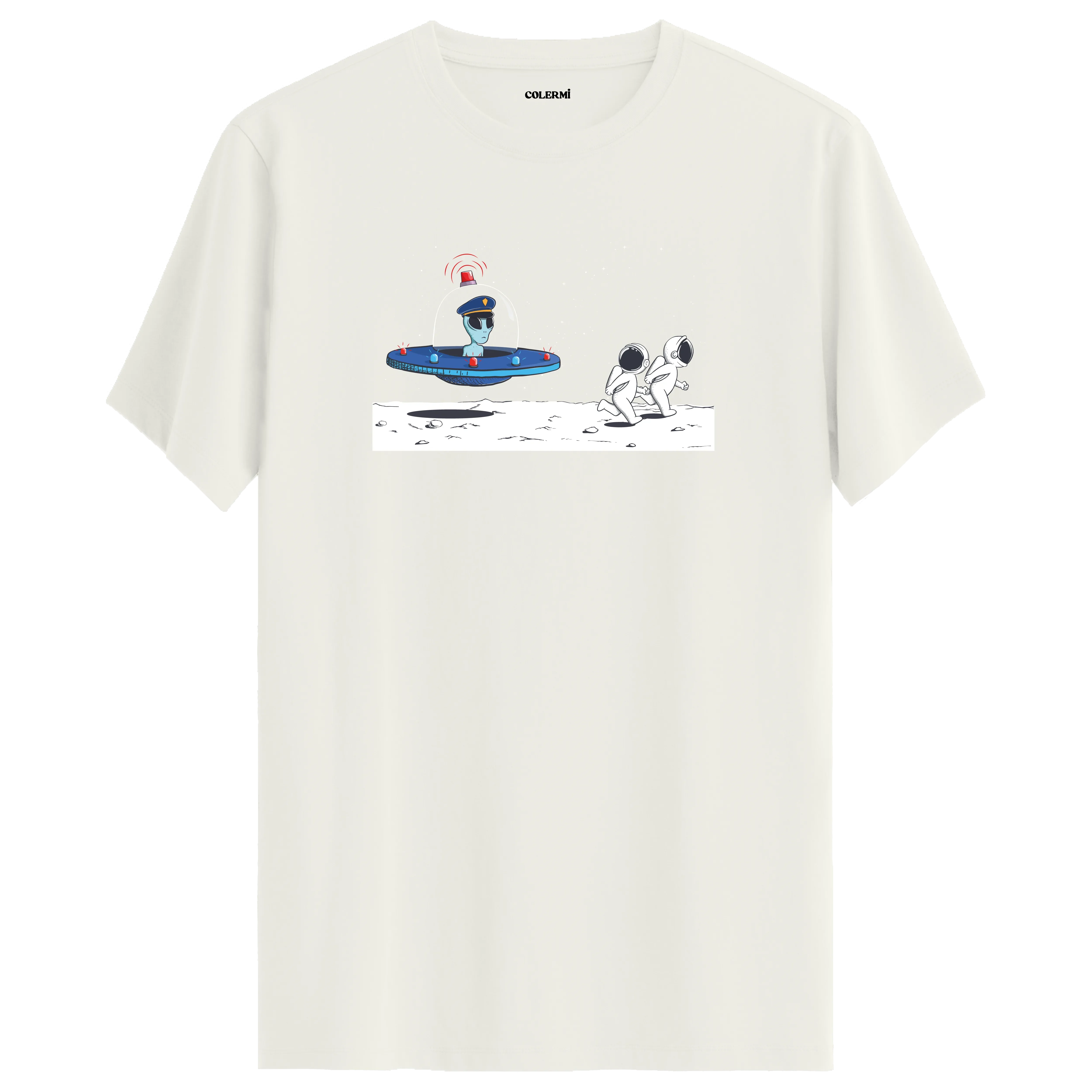 Astronot ve UFO ekru tişört, minimal tarzı ve premium pamuk kumaşıyla modern bir hediye alternatifi sunar.