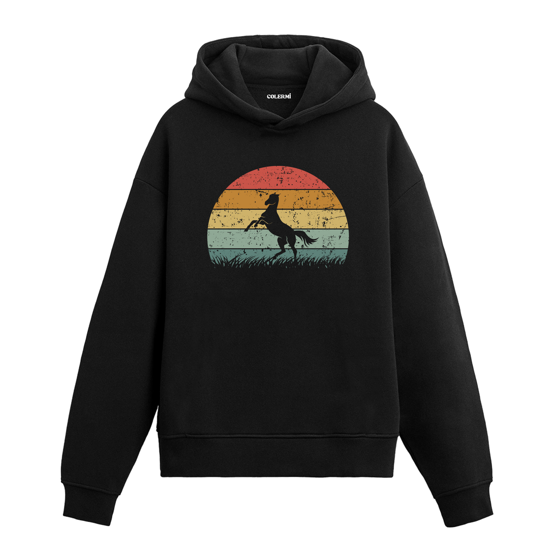 Koşan at figürlü siyah hoodie – retro renk geçişli doğa temalı tasarım