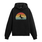 Koşan at figürlü siyah hoodie – retro renk geçişli doğa temalı tasarım