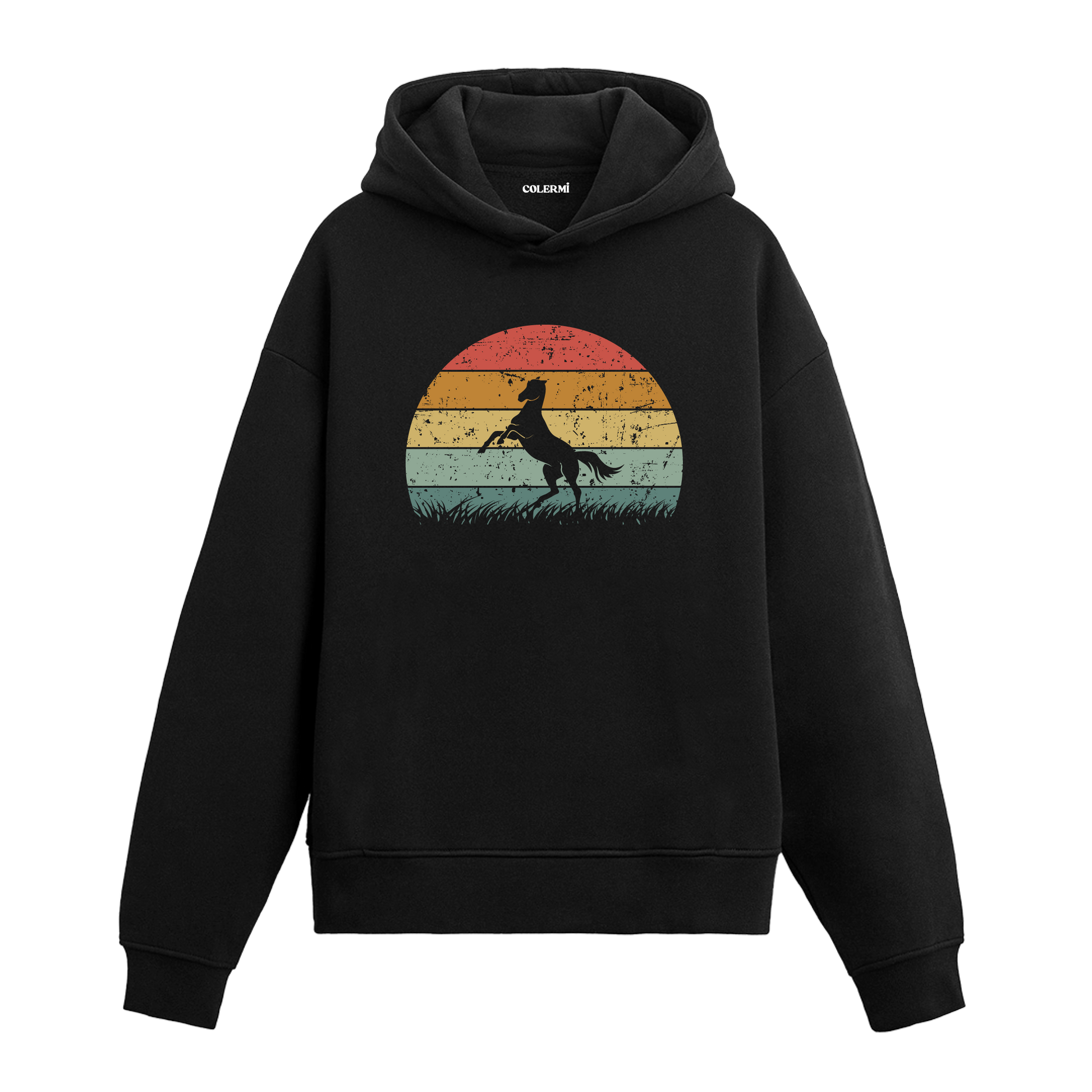 Koşan at figürlü siyah hoodie – retro renk geçişli doğa temalı tasarım