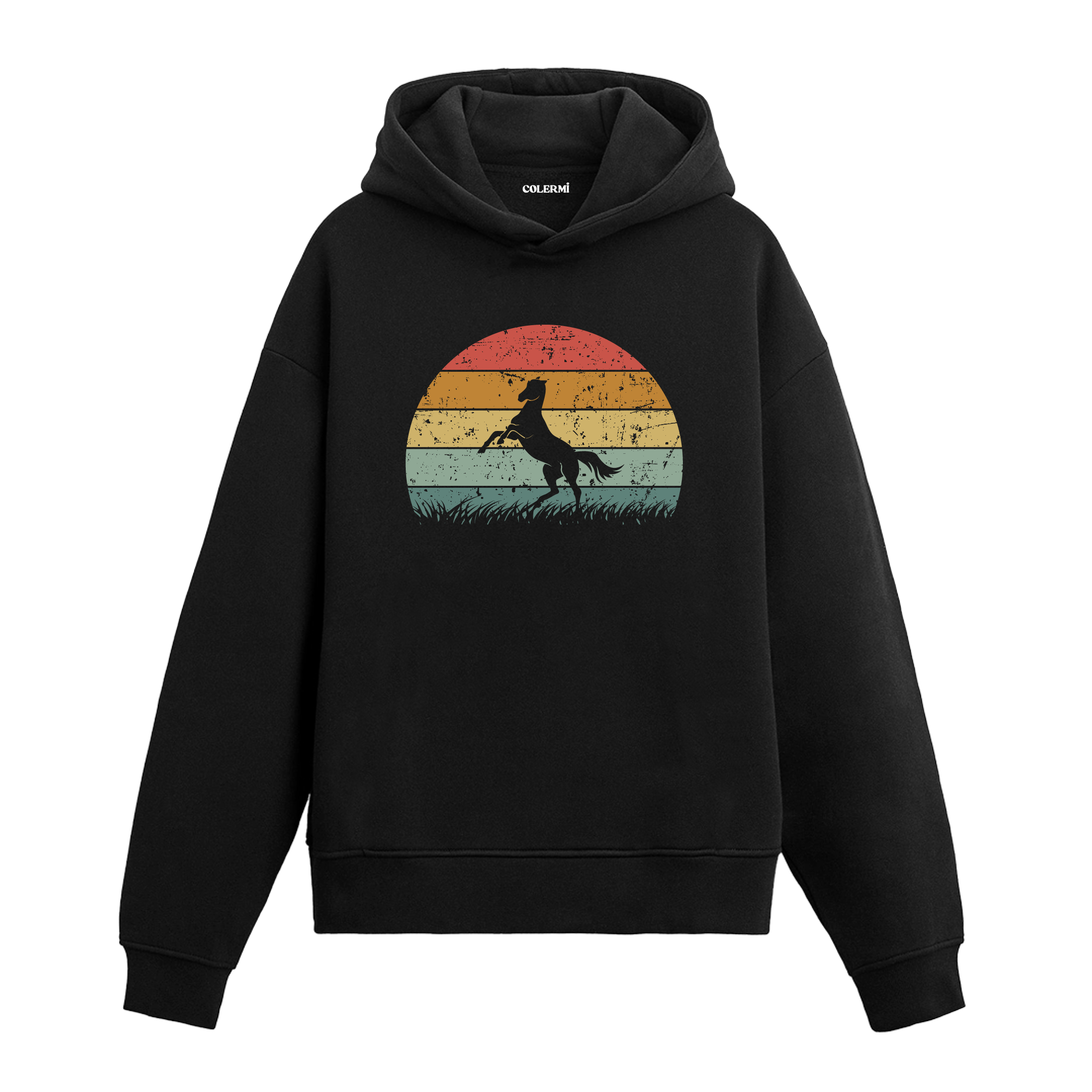 Koşan at figürlü siyah hoodie – retro renk geçişli doğa temalı tasarım