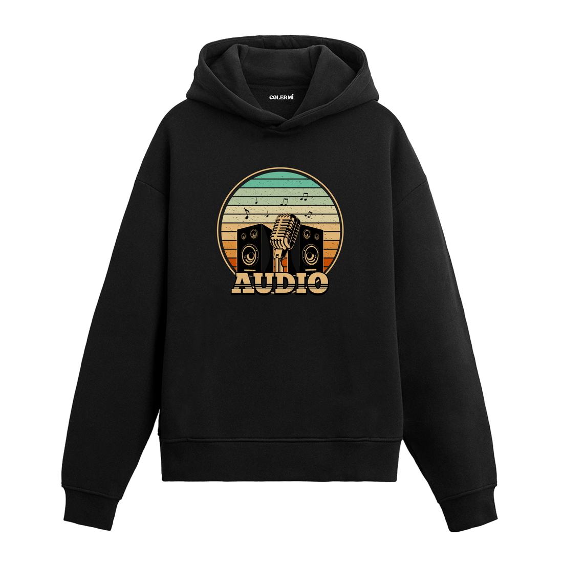 Audio yazılı siyah hoodie – mikrofon ve hoparlör figürlü retro müzik temalı tasarım