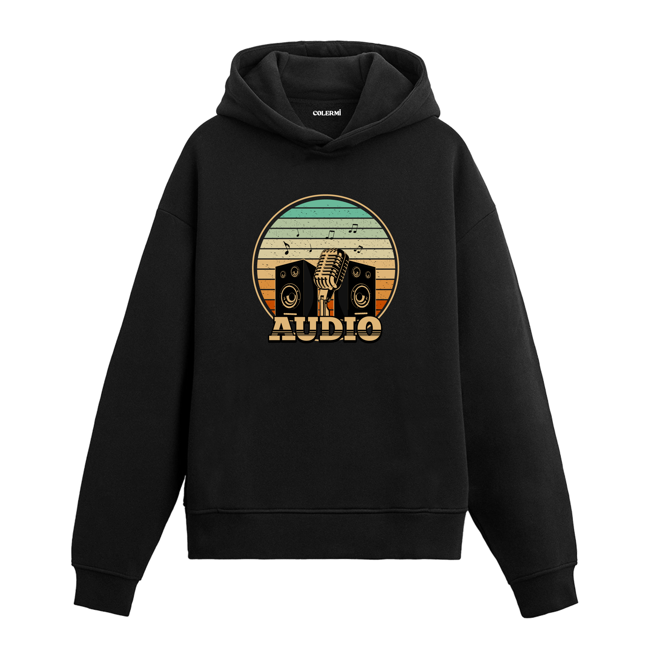 Audio yazılı siyah hoodie – mikrofon ve hoparlör figürlü retro müzik temalı tasarım