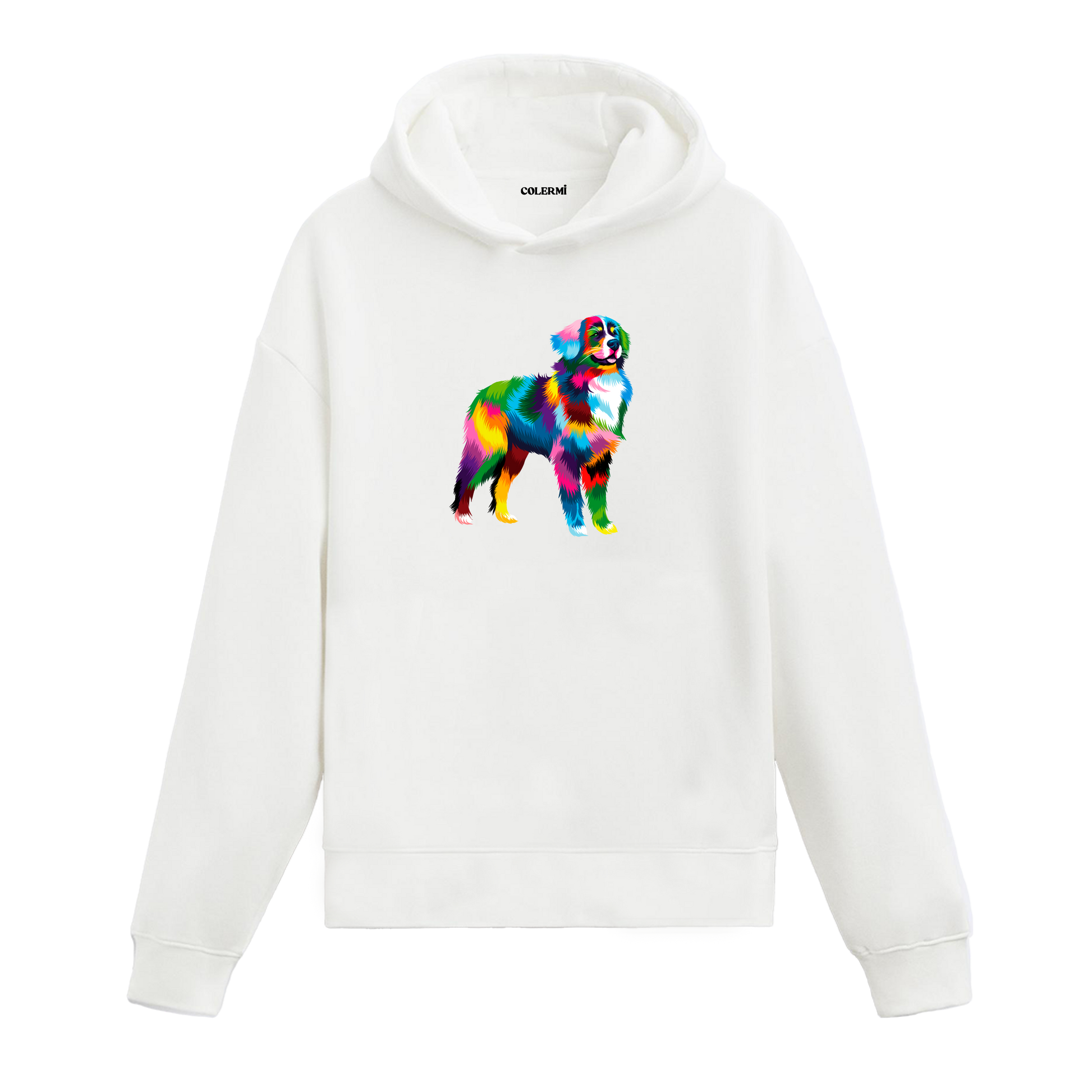 Renkli Avustralya Çoban Köpeği baskılı beyaz hoodie
