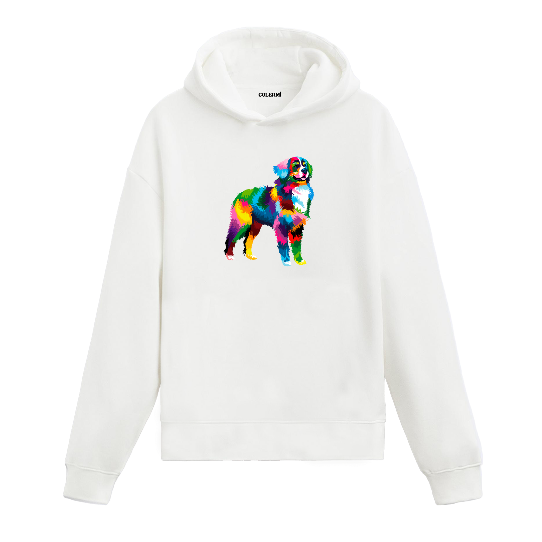 Renkli Avustralya Çoban Köpeği baskılı beyaz hoodie