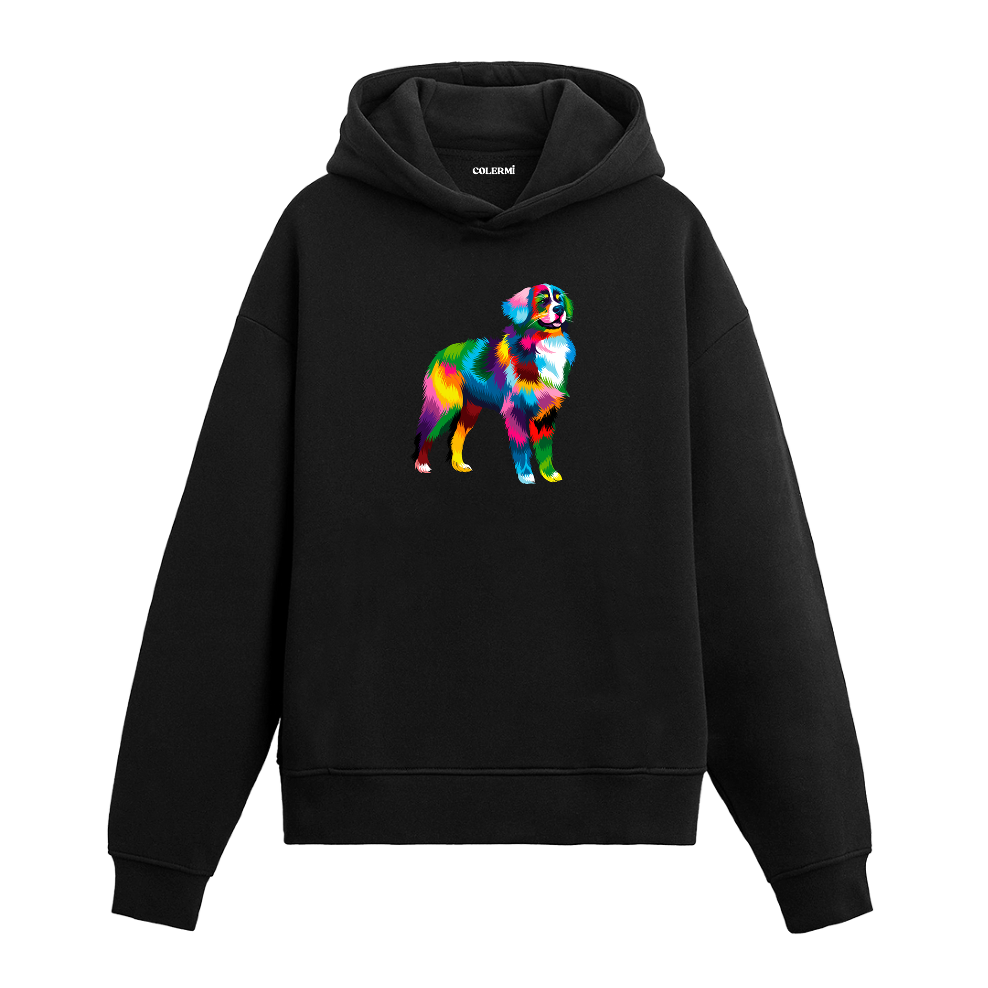 Renkli Avustralya Çoban Köpeği baskılı siyah hoodie