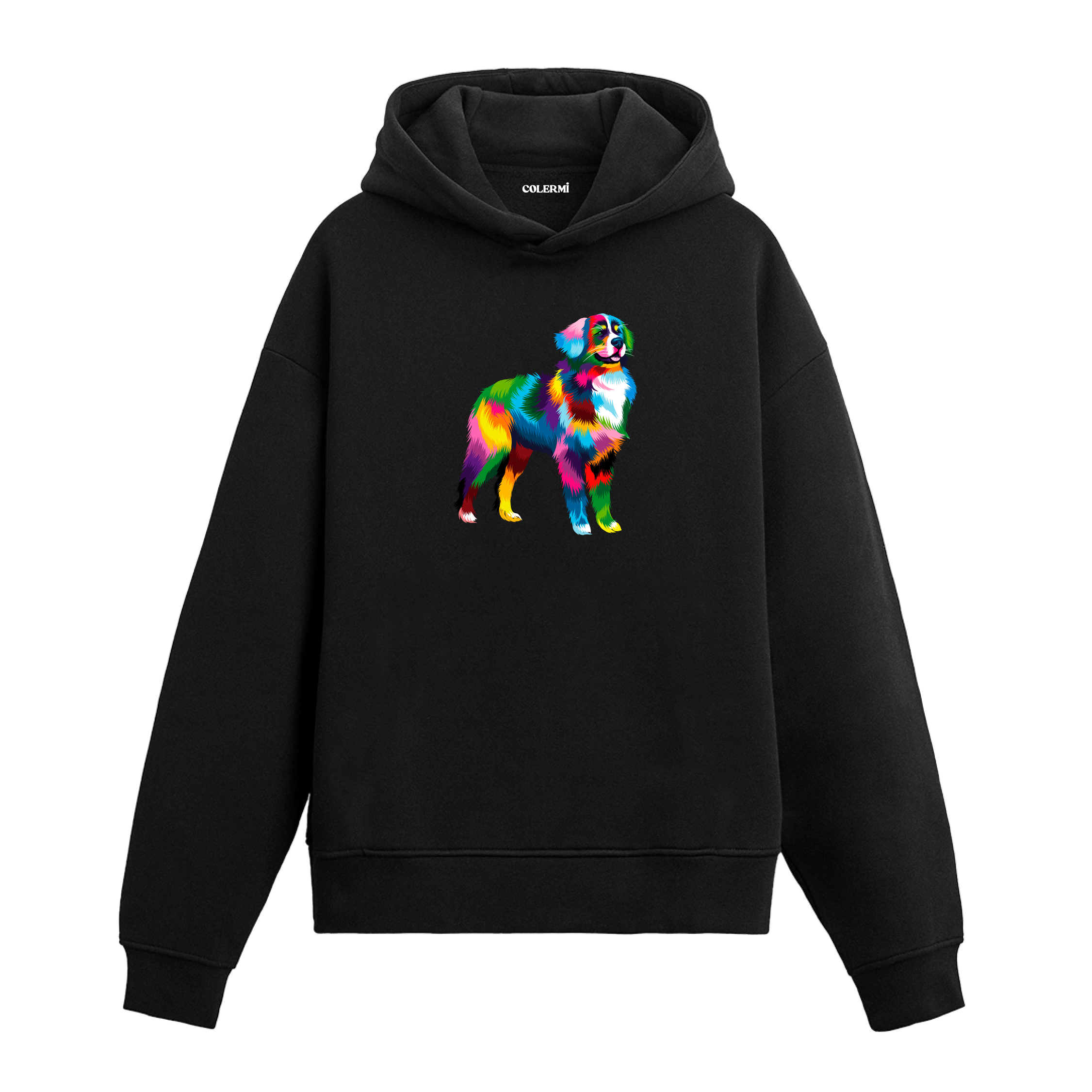 Renkli Avustralya Çoban Köpeği baskılı siyah hoodie