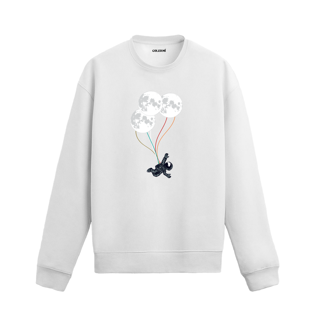 Üç ay balonuyla gökyüzüne süzülen astronotun yer aldığı yaratıcı sweatshirt tasarımı