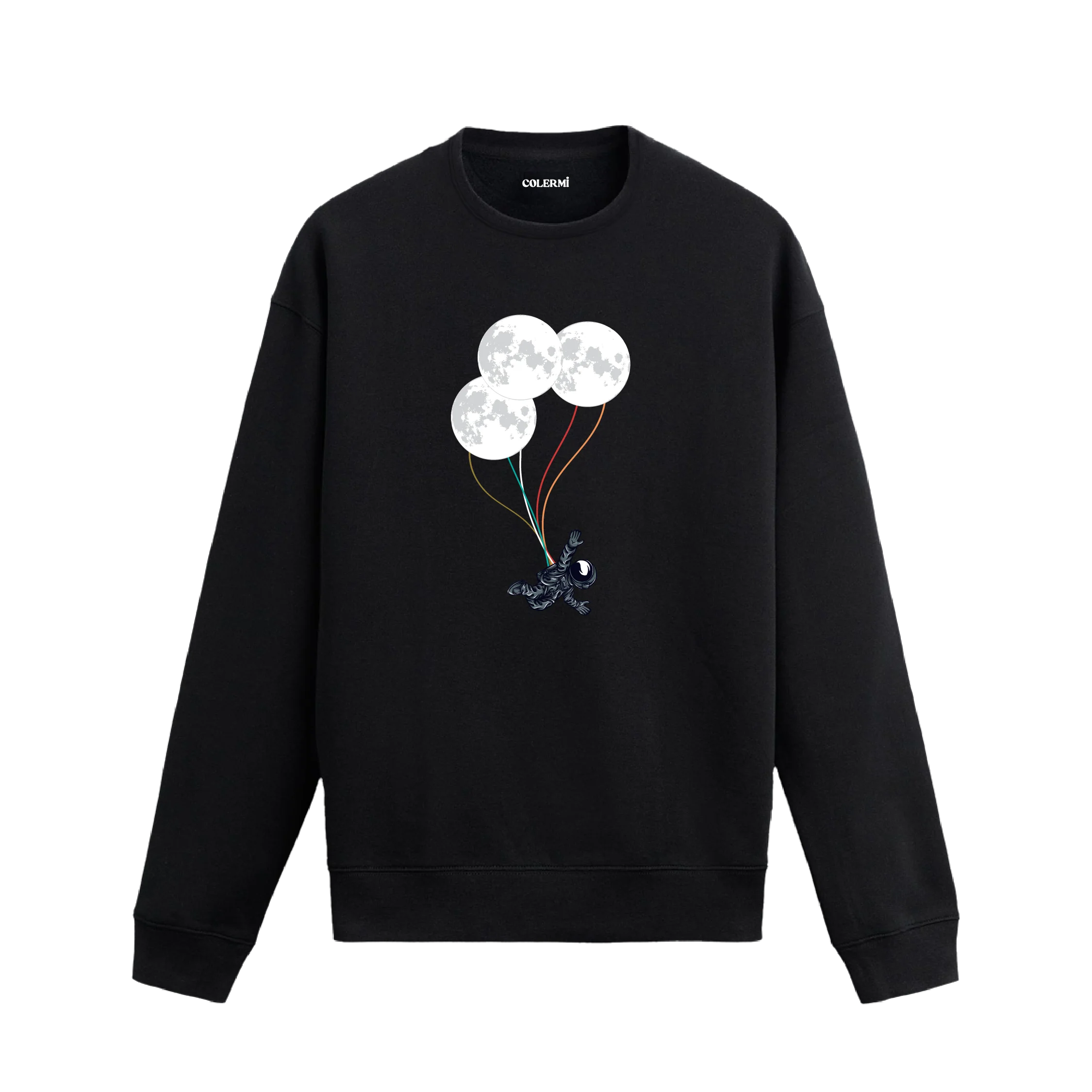 Üç ay balonuyla gökyüzüne süzülen astronotun yer aldığı yaratıcı sweatshirt tasarımı