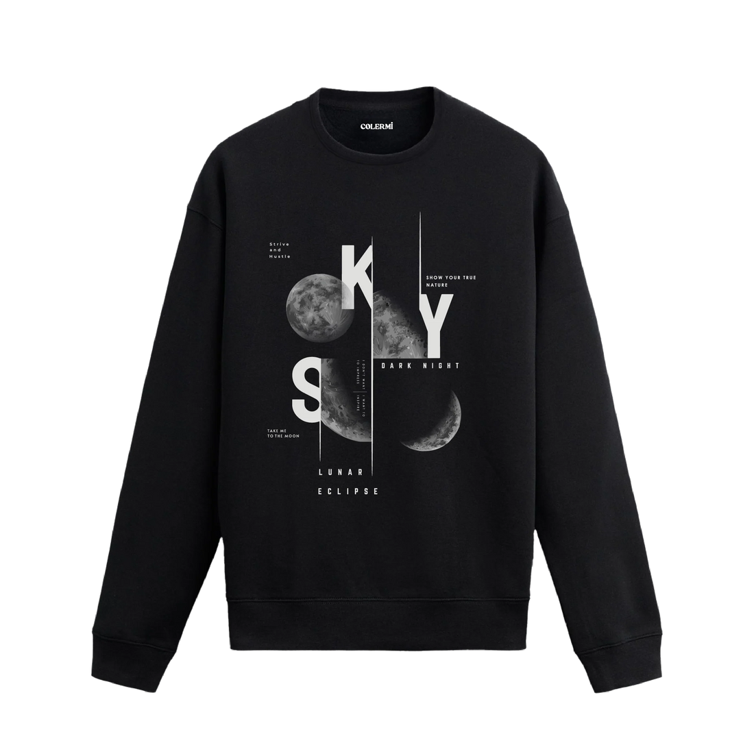 Ay evreleri ve tipografiyle tasarlanmış Lunar Eclipse temalı Colermi sweatshirt