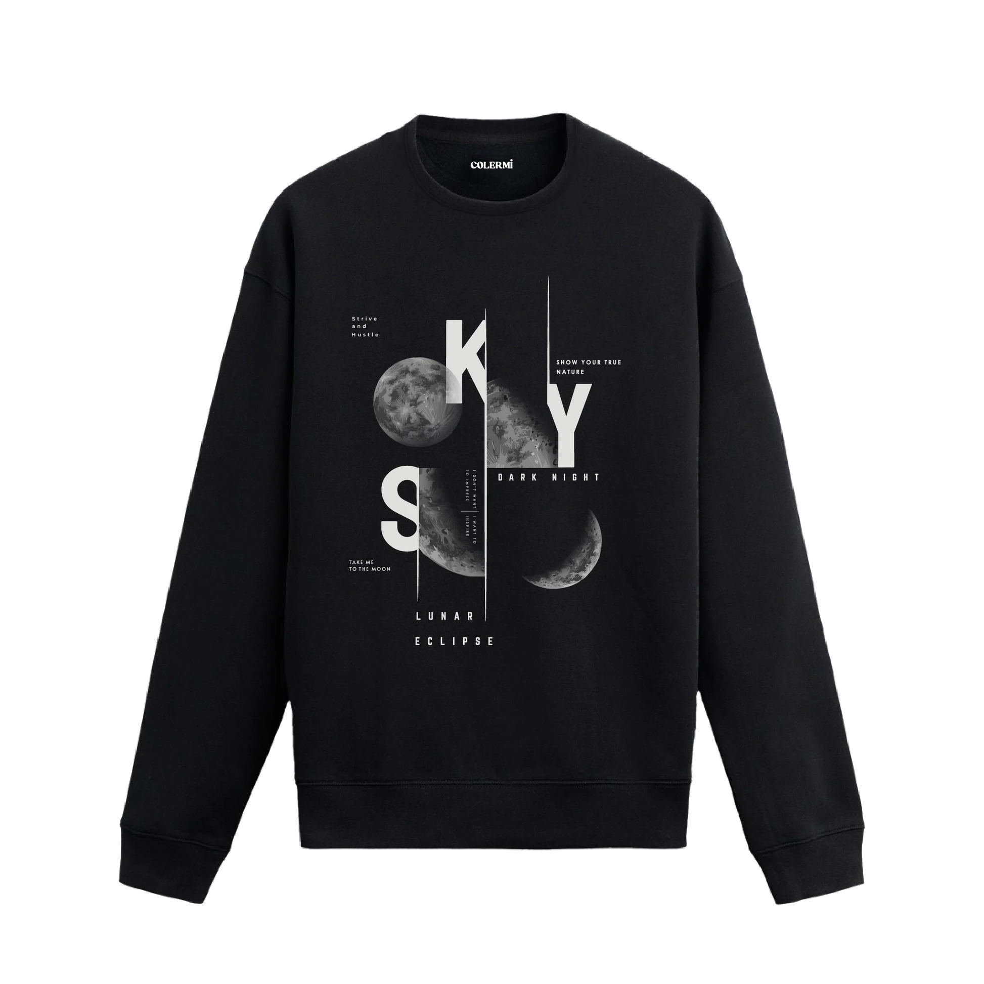 Ay evreleri ve tipografiyle tasarlanmış Lunar Eclipse temalı Colermi sweatshirt
