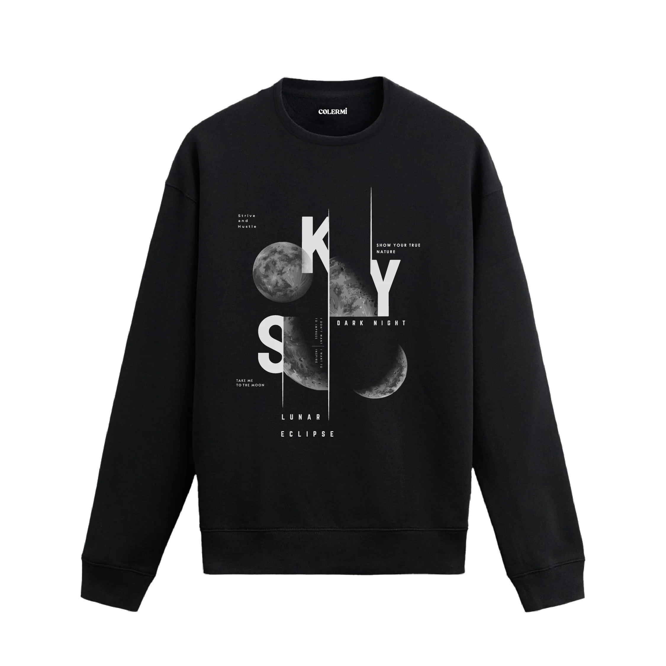 Ay evreleri ve tipografiyle tasarlanmış Lunar Eclipse temalı Colermi sweatshirt