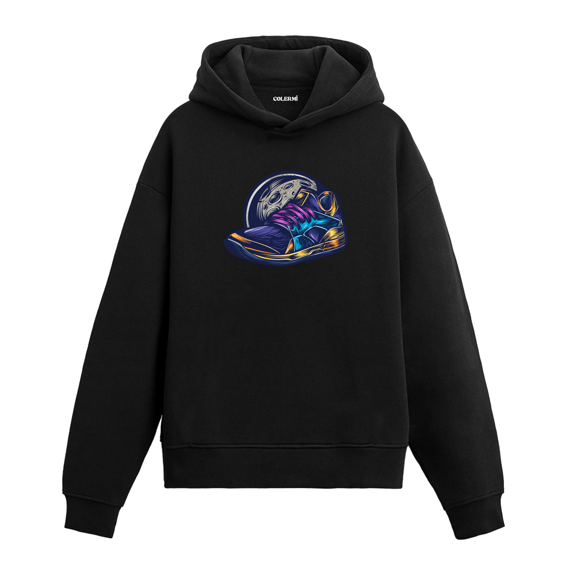 Ayakkabı ve ay baskılı hoodie – gece temalı modern tasarım