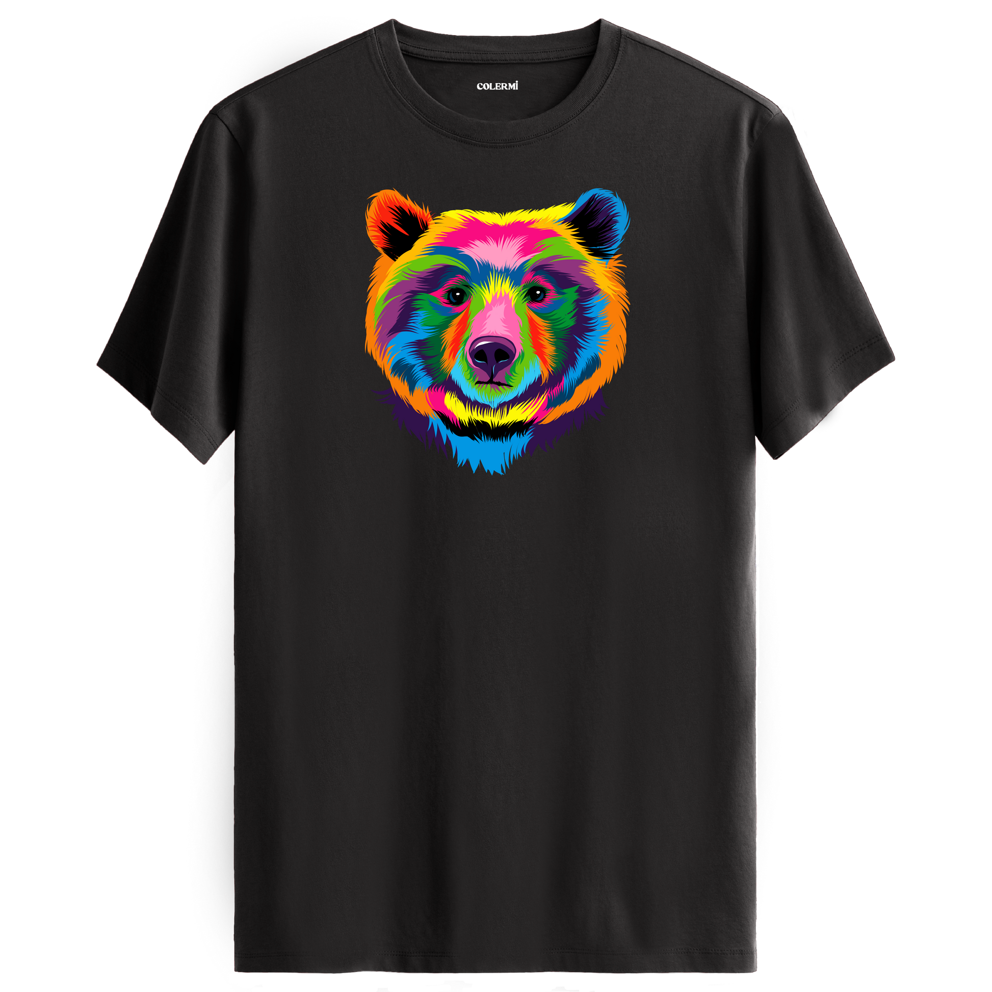 Antrasit tişört üzerinde renkli ayı tasarımı