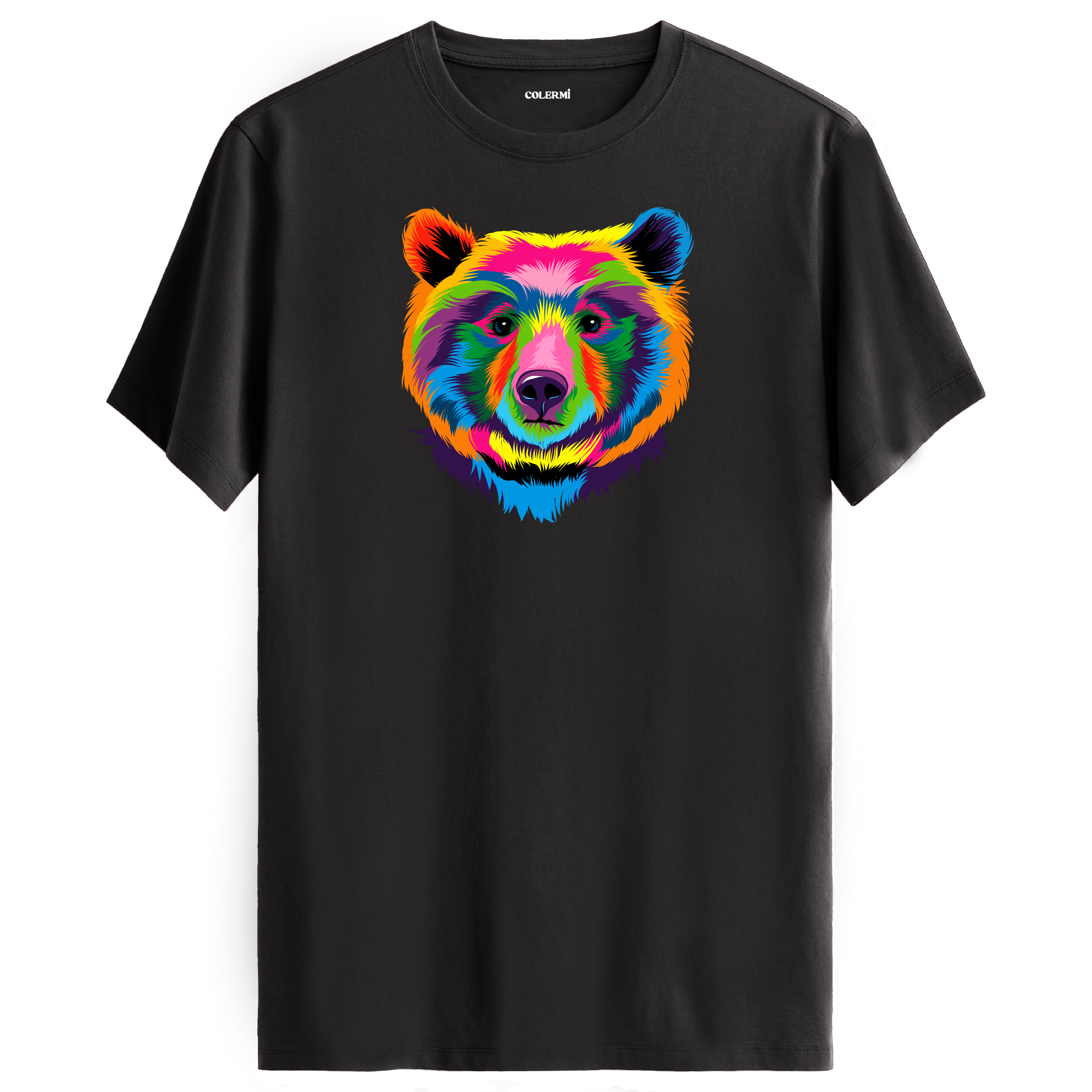 Antrasit tişört üzerinde renkli ayı tasarımı