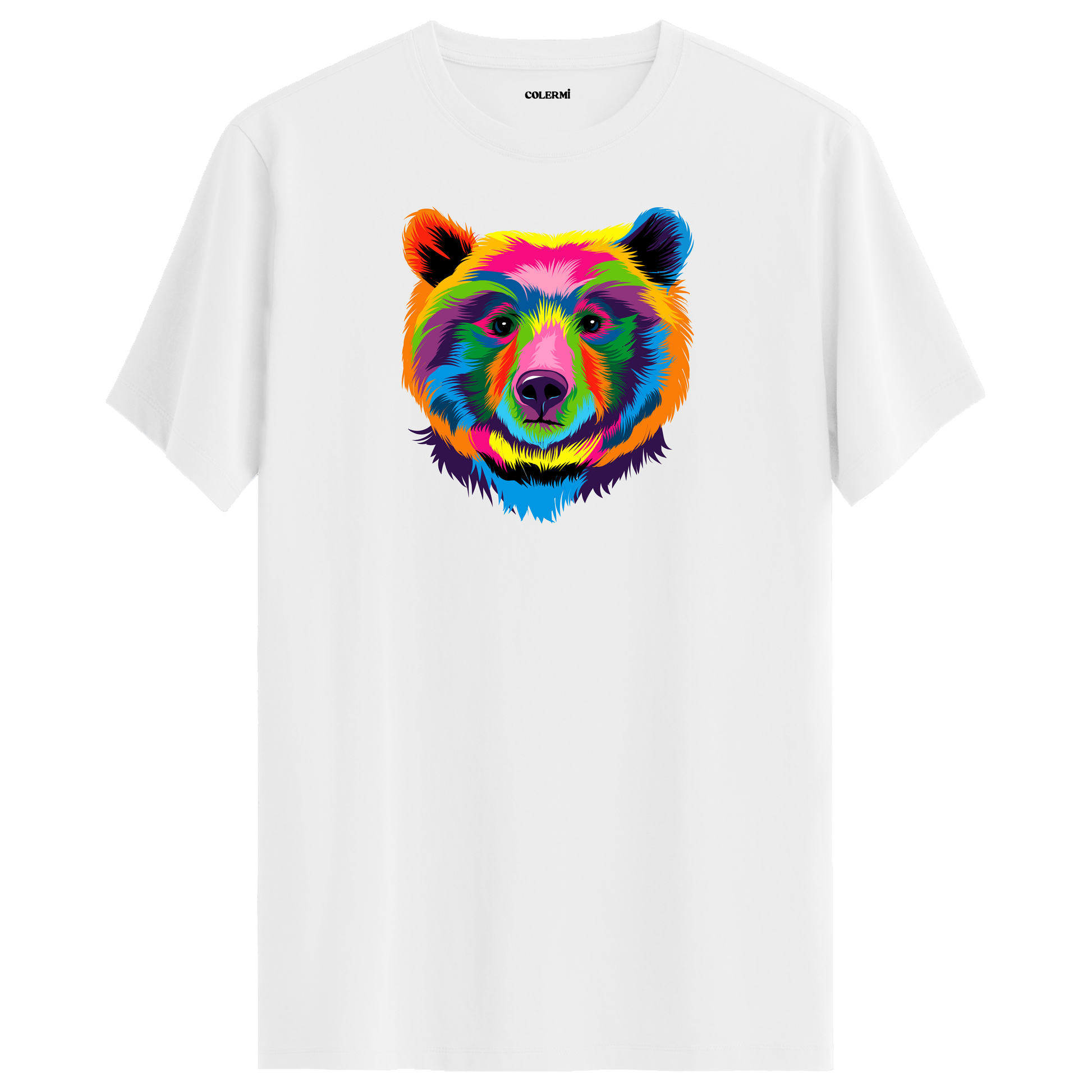 Beyaz tişört üzerinde renkli ayı tasarımı