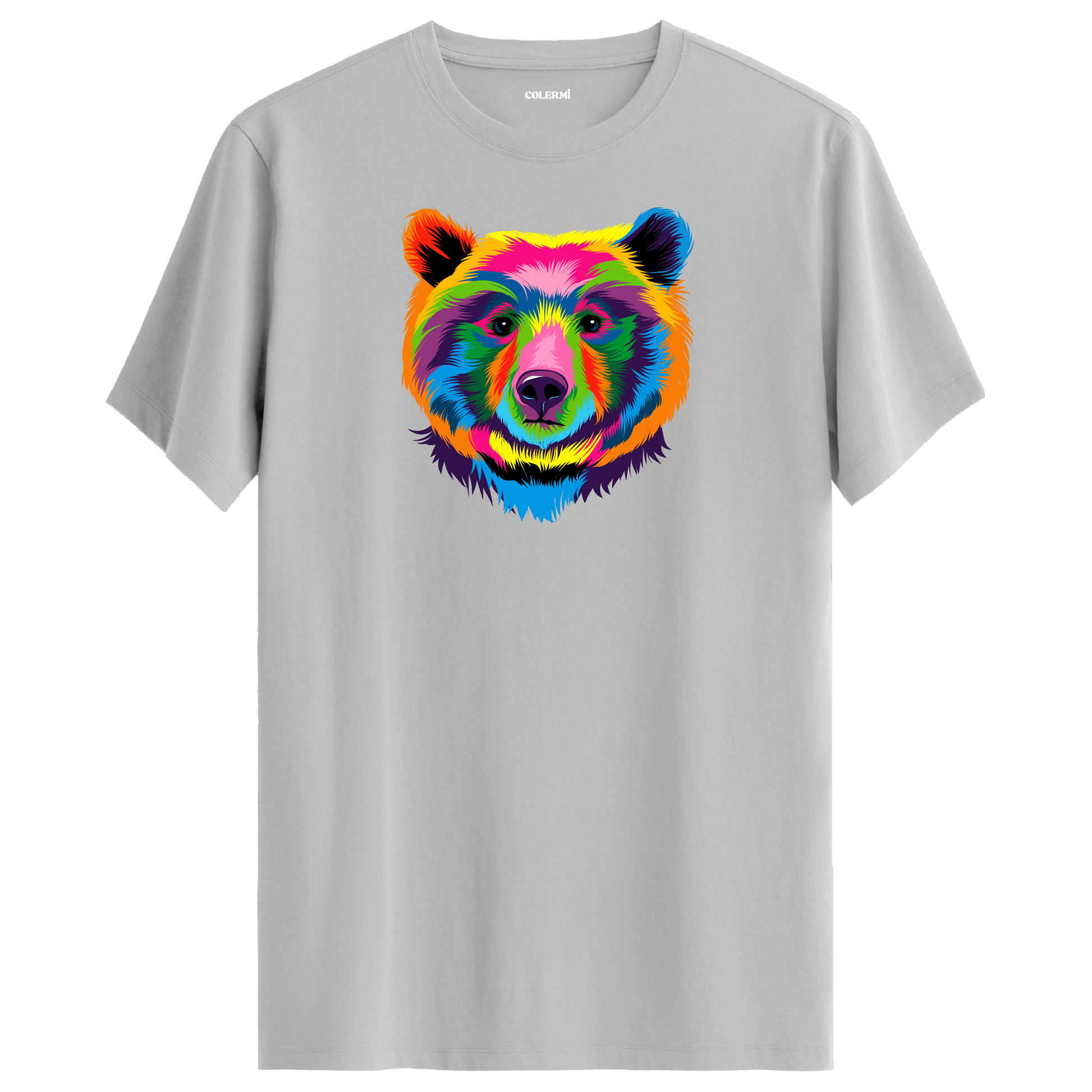 Gri tişört üzerinde renkli ayı tasarımı