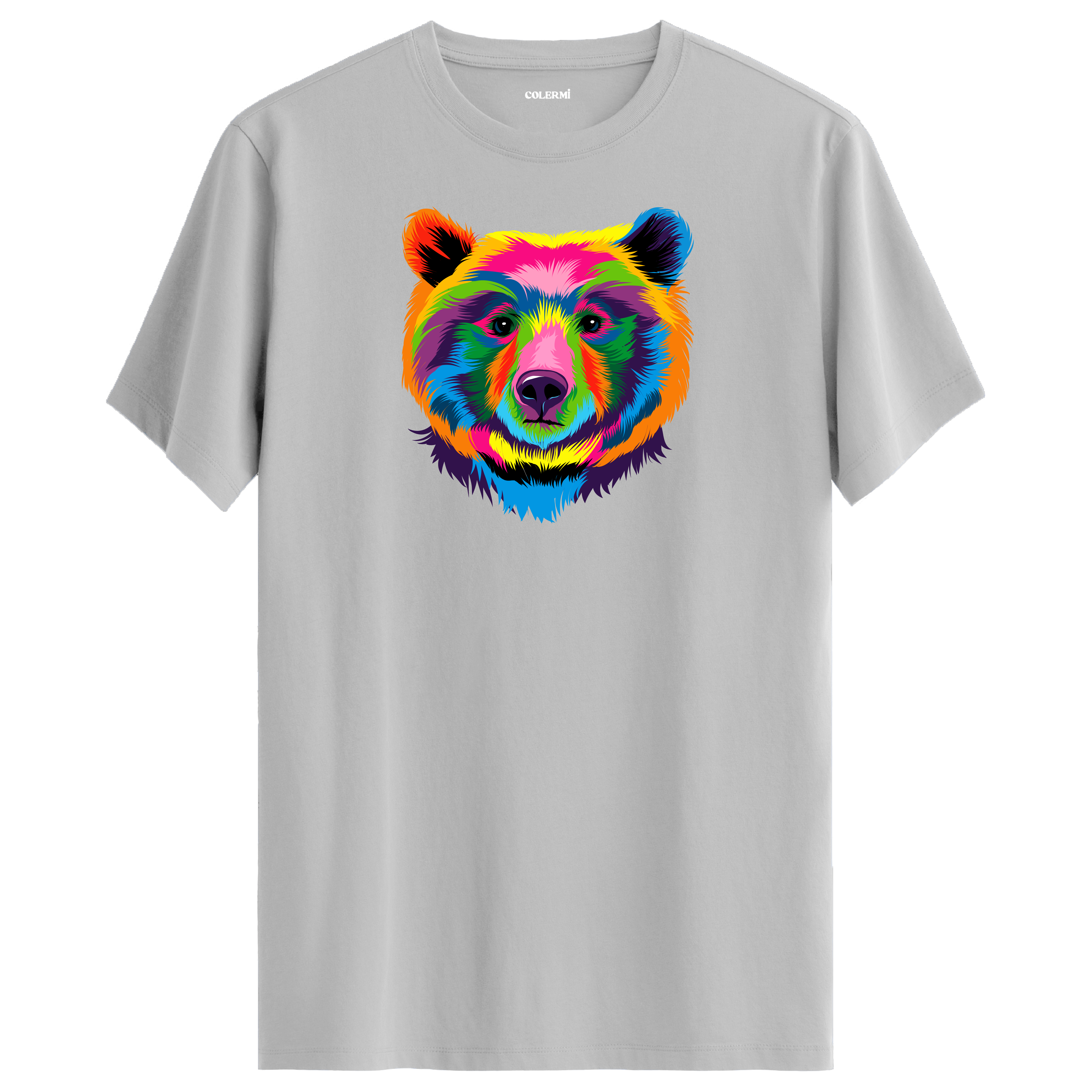 Gri tişört üzerinde renkli ayı tasarımı