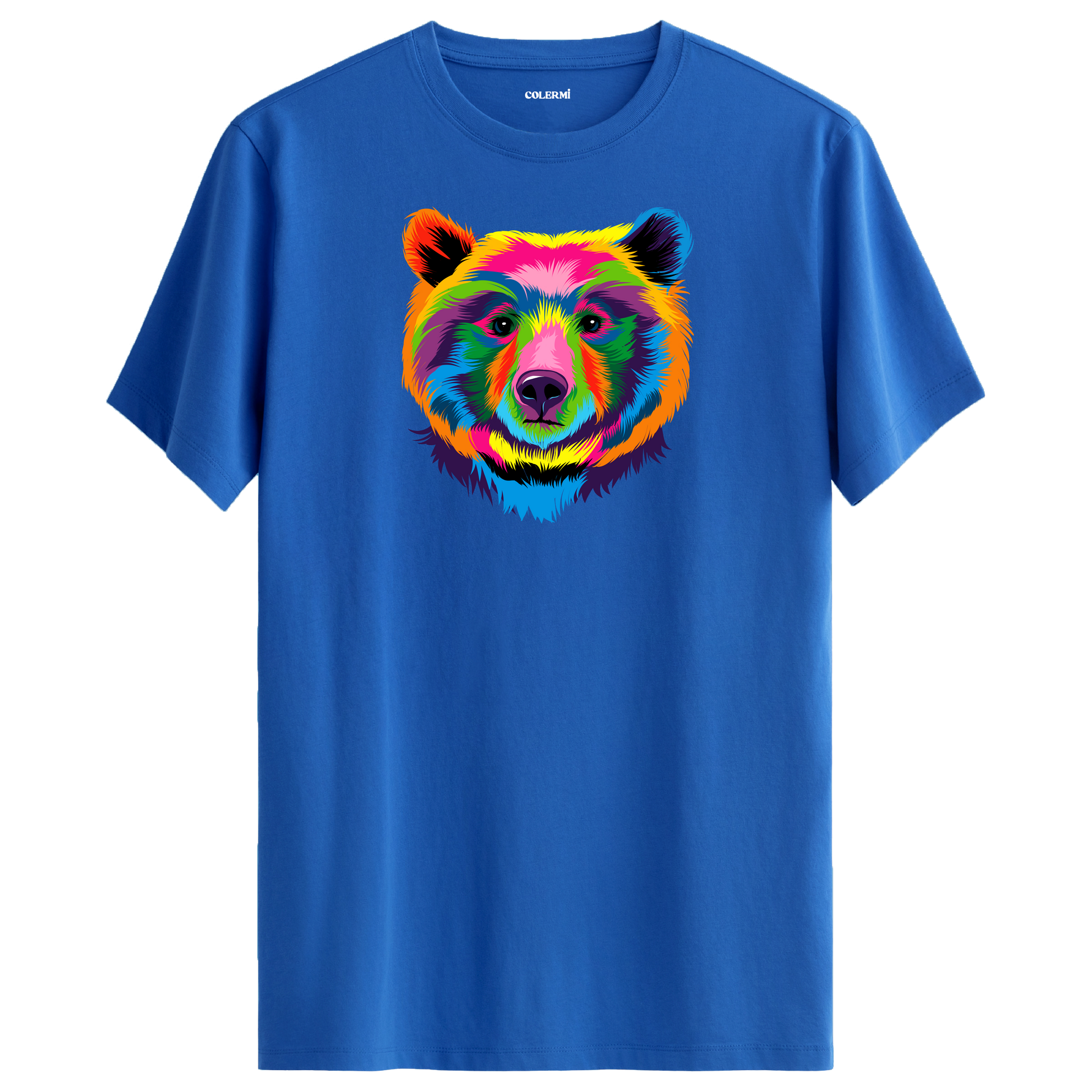 Mavi tişört üzerinde renkli ayı tasarımı