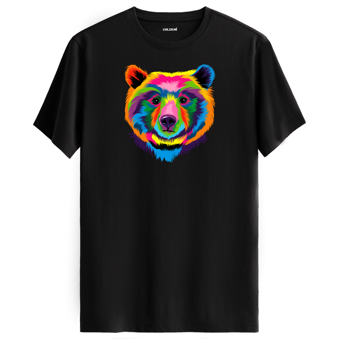 Siyah tişört üzerinde renkli ayı tasarımı