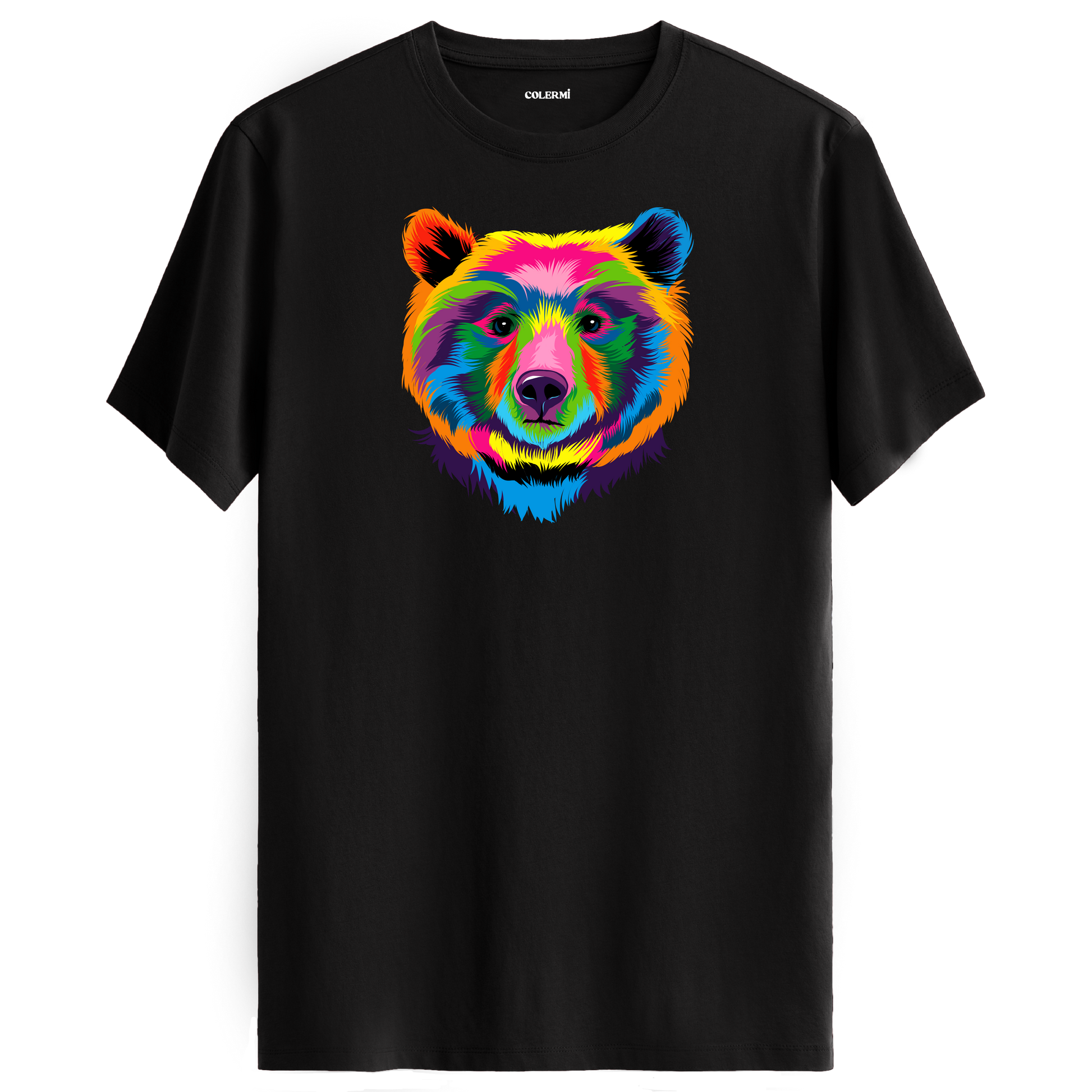 Siyah tişört üzerinde renkli ayı tasarımı