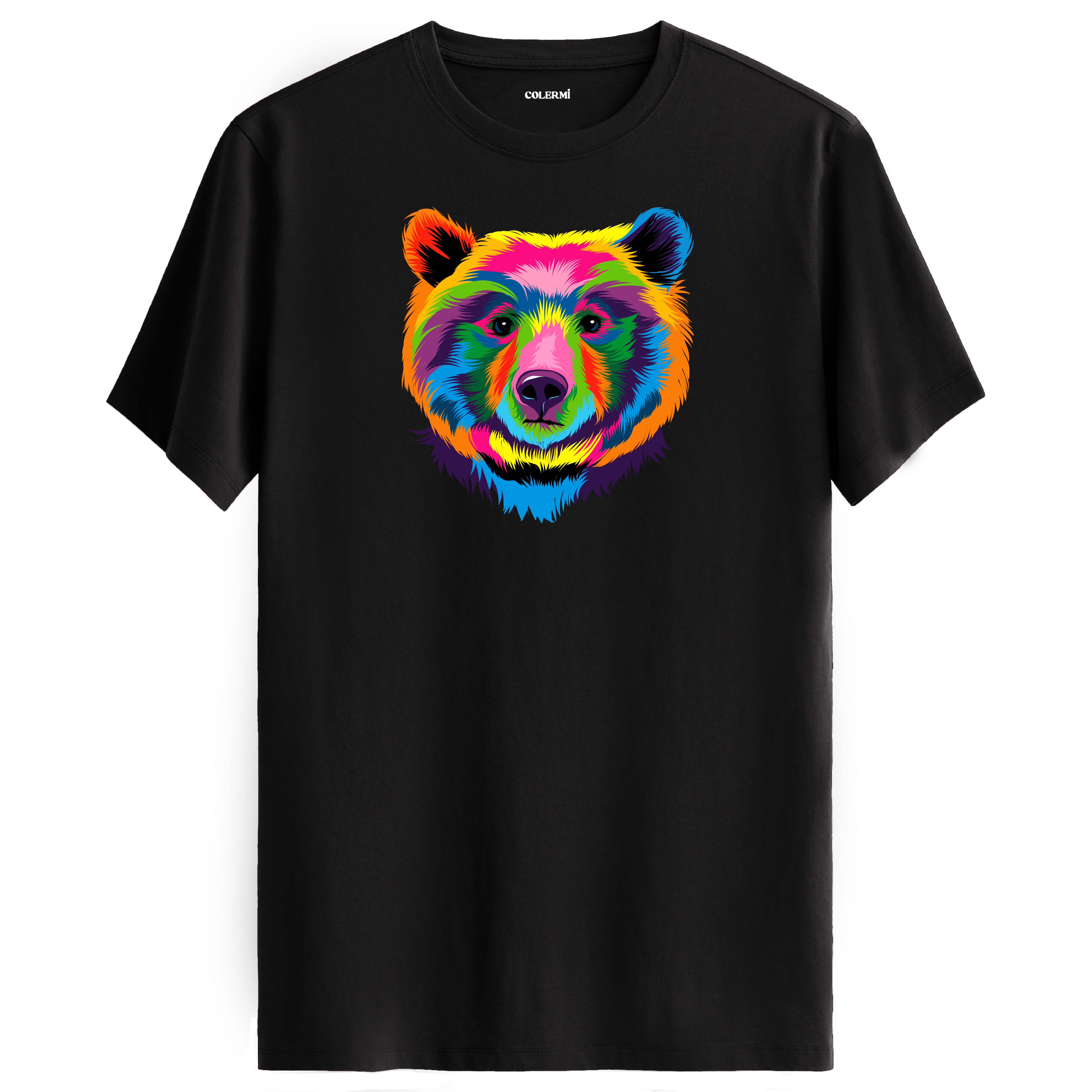 Siyah tişört üzerinde renkli ayı tasarımı
