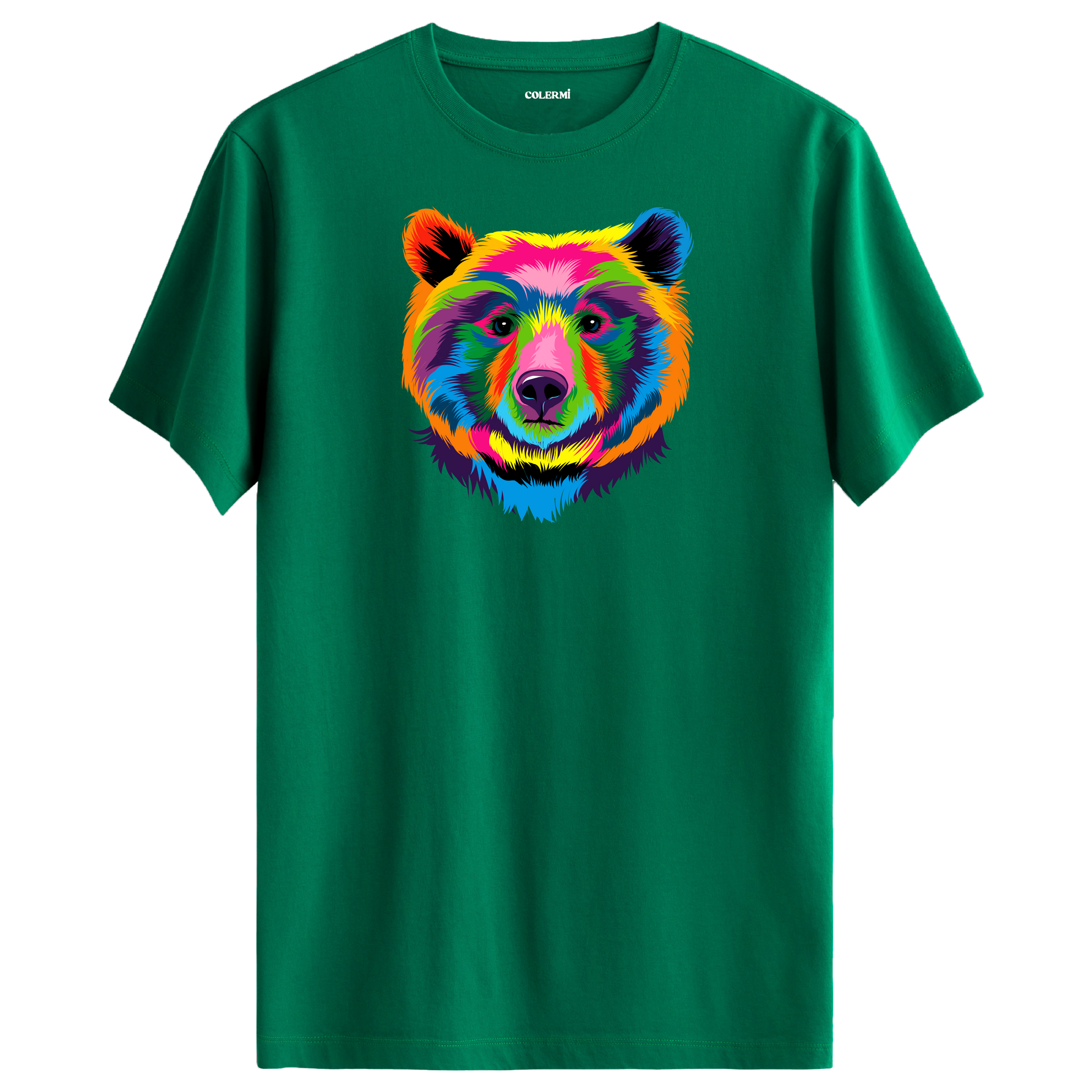 Yeşil tişört üzerinde renkli ayı tasarımı