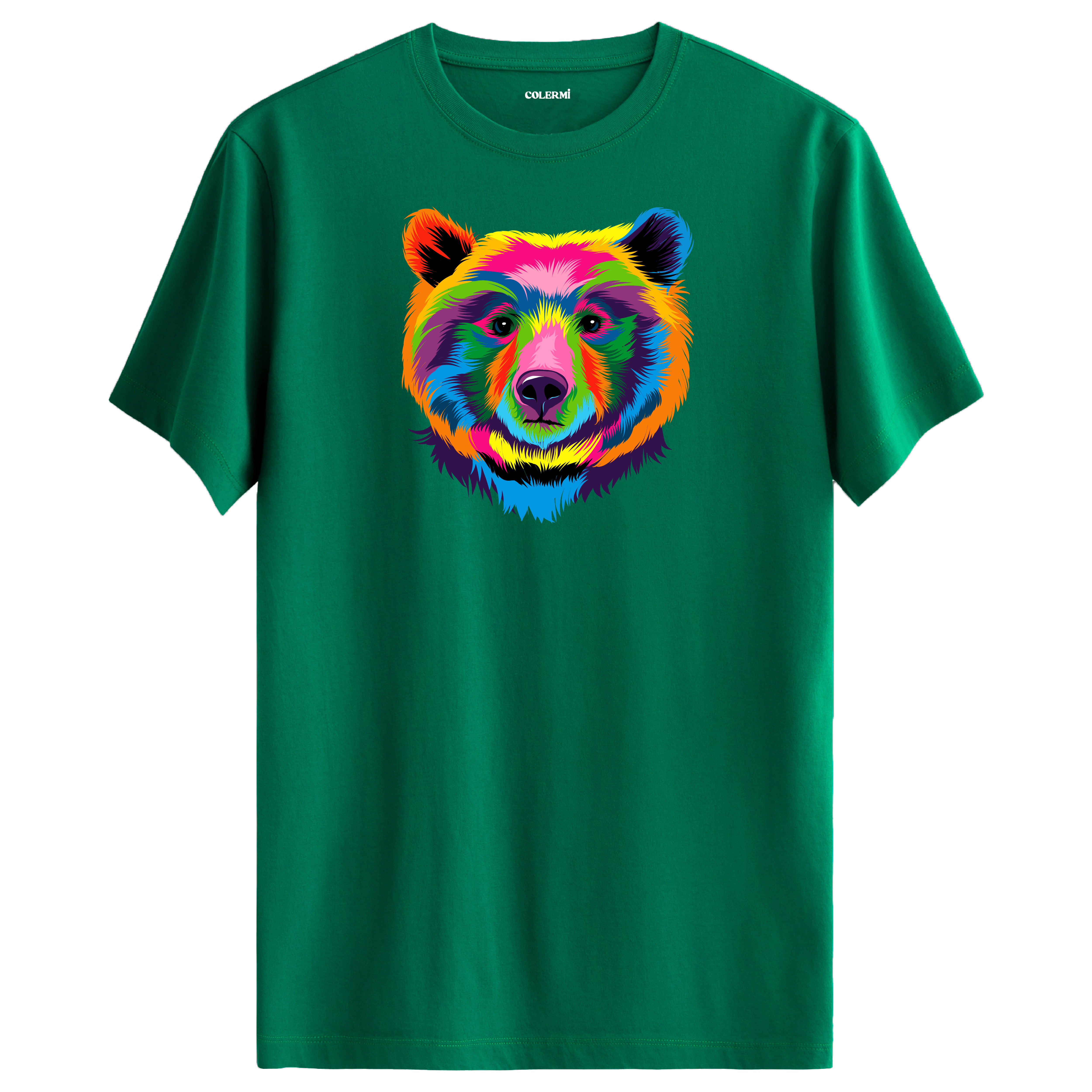 Yeşil tişört üzerinde renkli ayı tasarımı