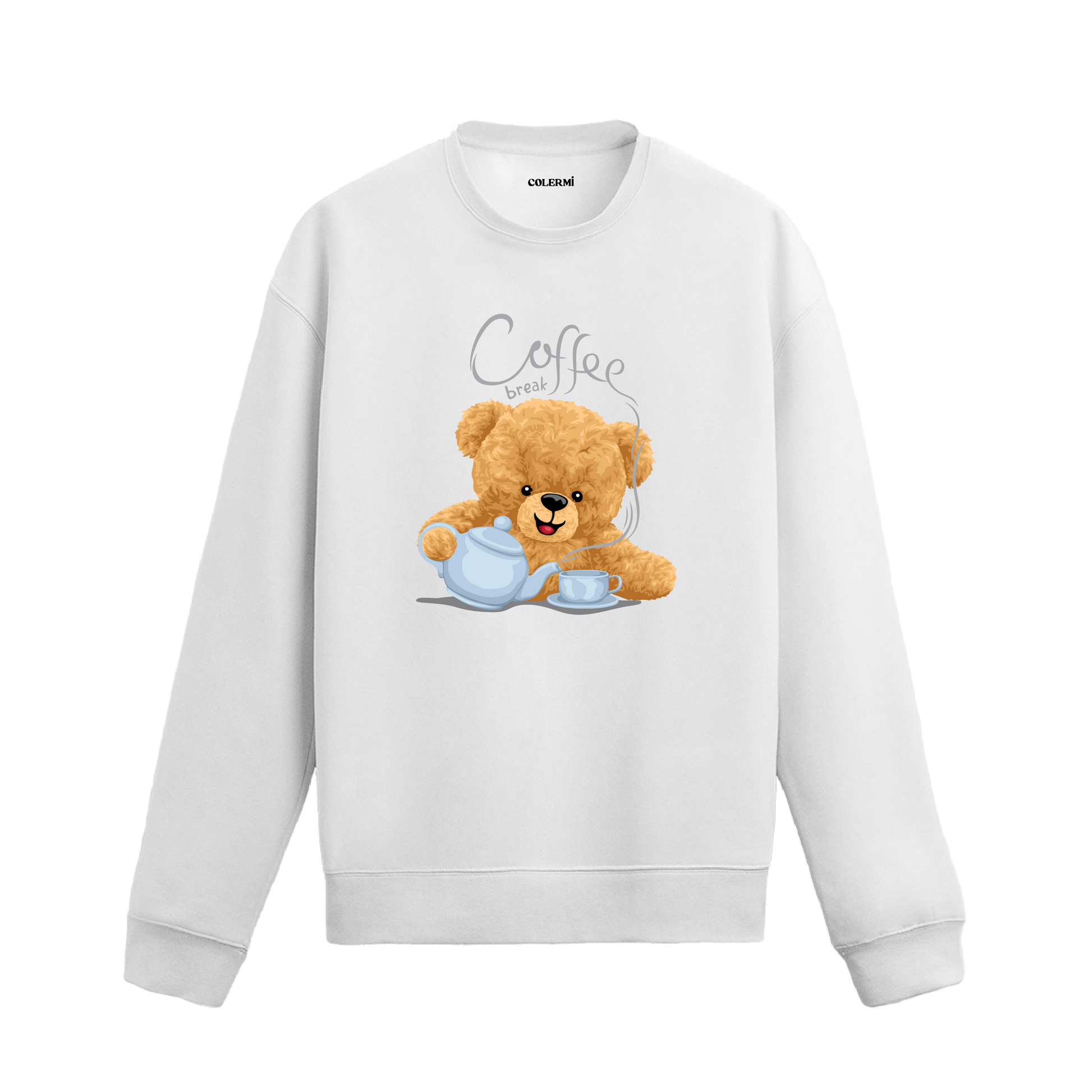 Coffee Break Ayıcık Baskılı Sweatshirt, kahve temalı tasarımı ve %100 pamuklu kumaşı ile rahat ve şık bir stil sunuyor.