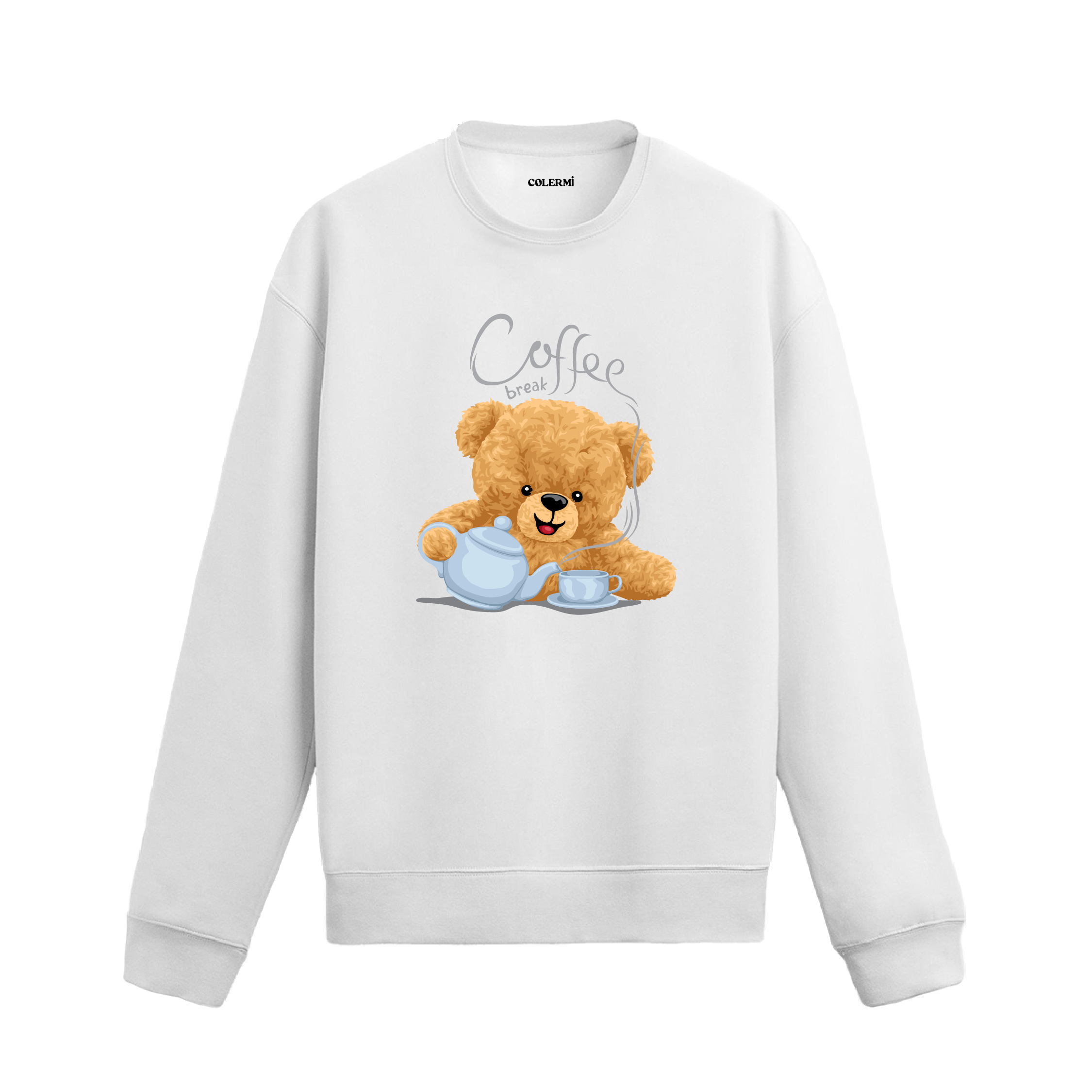 Coffee Break Ayıcık Baskılı Sweatshirt, kahve temalı tasarımı ve %100 pamuklu kumaşı ile rahat ve şık bir stil sunuyor.