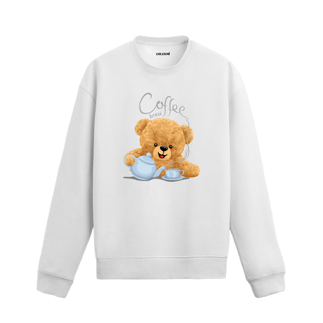 Coffee Break Ayıcık Baskılı Sweatshirt, kahve temalı tasarımı ve %100 pamuklu kumaşı ile rahat ve şık bir stil sunuyor.