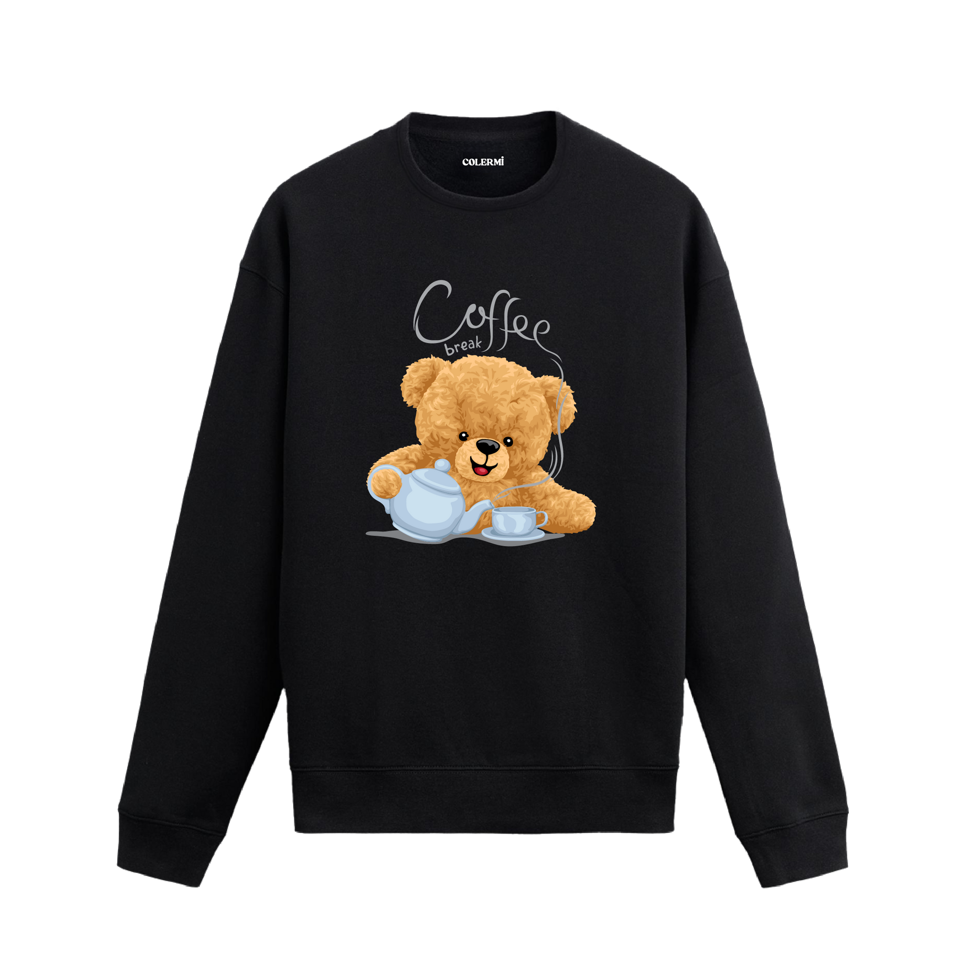 Coffee Break Ayıcık Baskılı Sweatshirt, kahve temalı tasarımı ve %100 pamuklu kumaşı ile rahat ve şık bir stil sunuyor.