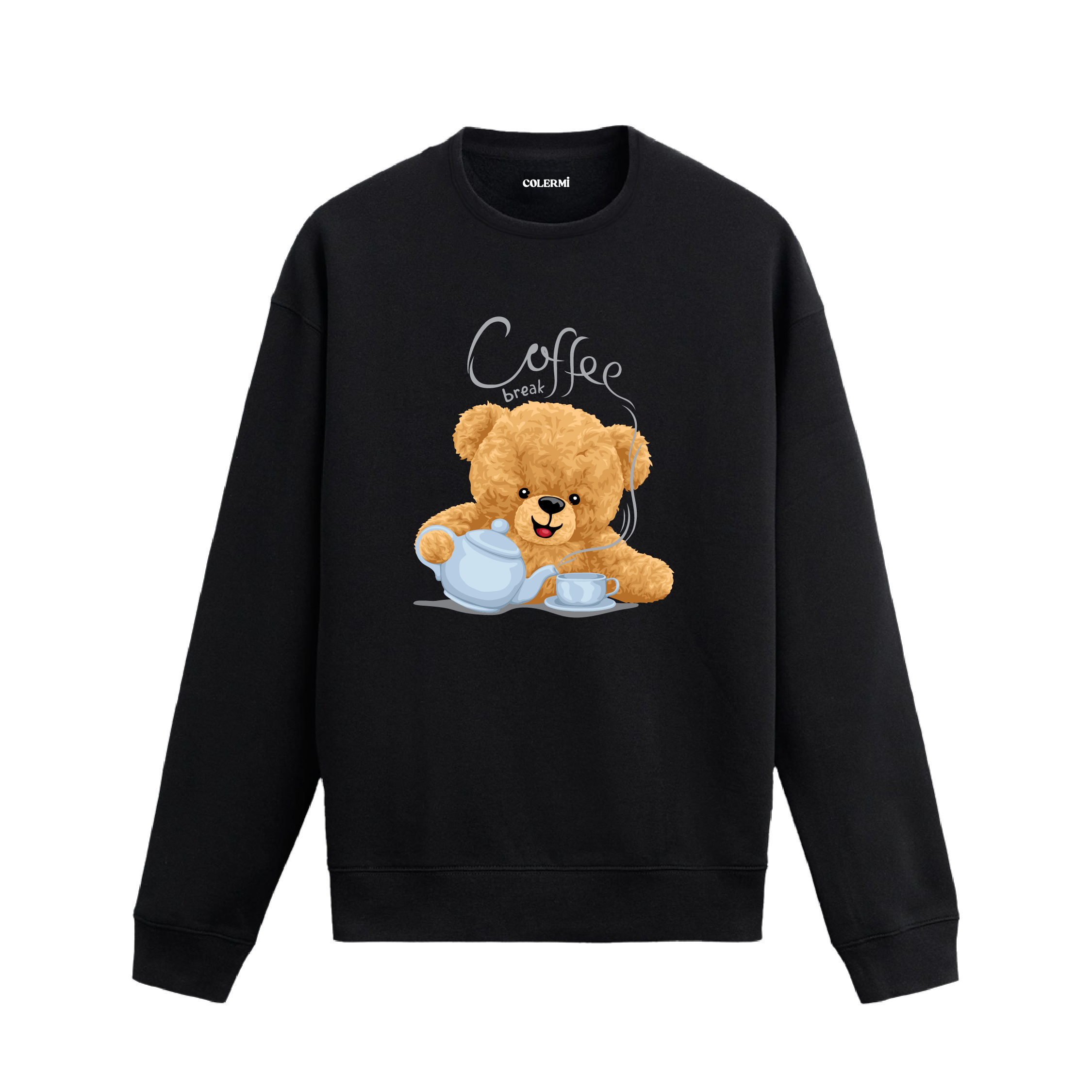 Coffee Break Ayıcık Baskılı Sweatshirt, kahve temalı tasarımı ve %100 pamuklu kumaşı ile rahat ve şık bir stil sunuyor.