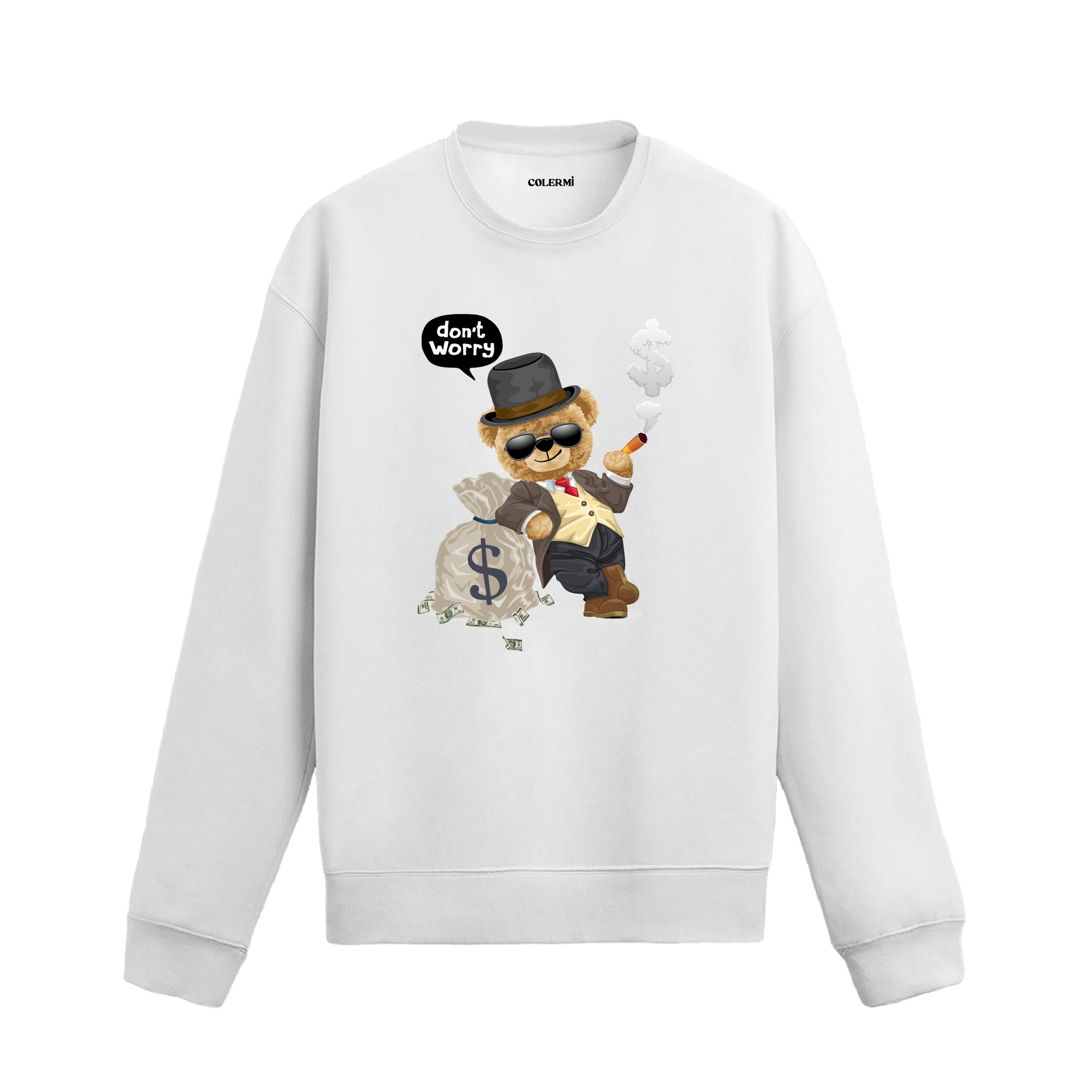 Don’t Worry Ayıcık Baskılı Sweatshirt, eğlenceli tasarımı ve %100 pamuklu kumaşı ile şık ve rahat bir giyim deneyimi sunuyor.