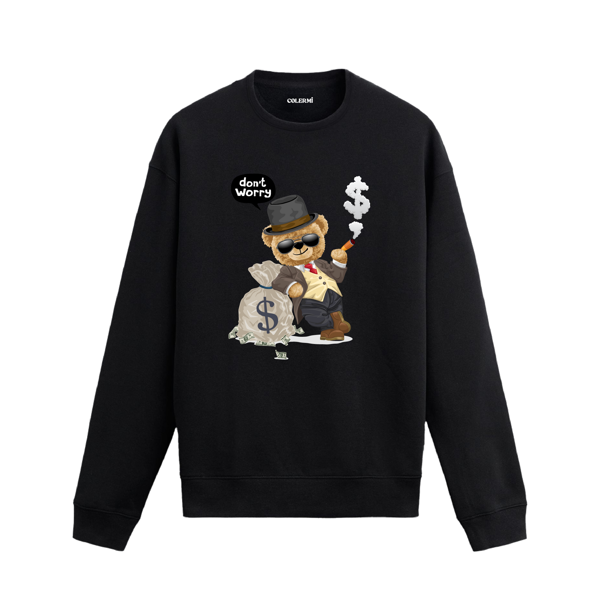 Don’t Worry Ayıcık Baskılı Sweatshirt, eğlenceli tasarımı ve %100 pamuklu kumaşı ile şık ve rahat bir giyim deneyimi sunuyor.